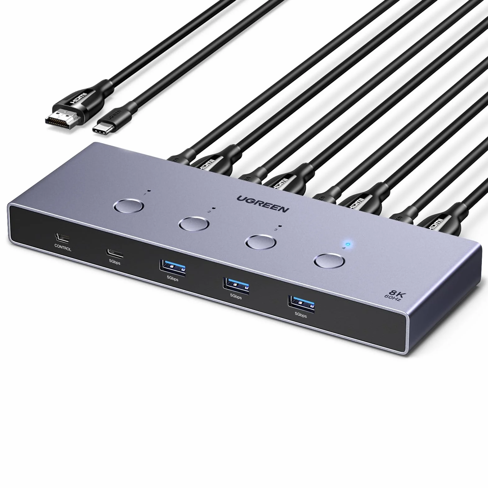 UGREEN HDMI 2.1 KVM Switch 4 In 1 Out 8K@60Hz USB 3.0 Switch 4 Porty (3*USB A+ USB C) Udostępnianie 1 Monitora i Klawiatury, Myszy, Drukarki, Dysku U dla 2 PC
