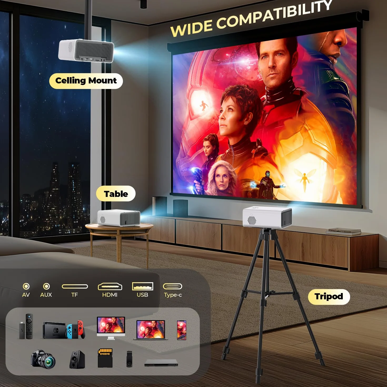 【Elektryczna ostrość】 YUZINO Mini projektor, 18000 lumenów Full HD 1080P WiFi Bluetooth Beamer, przenośny projektor zewnętrzny telefon komórkowy, kino domowe LED z zoomem do telefonu/laptopa/TV