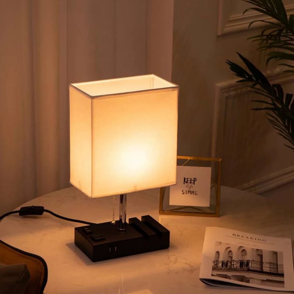 Lampa stołowa z funkcją ładowania, złącze USB A+C, lampki biurkowe, lampki do czytania, abażur lniany, metalowa podstawa, lampki nocne z włącznikiem, sypialnia, salon, biała