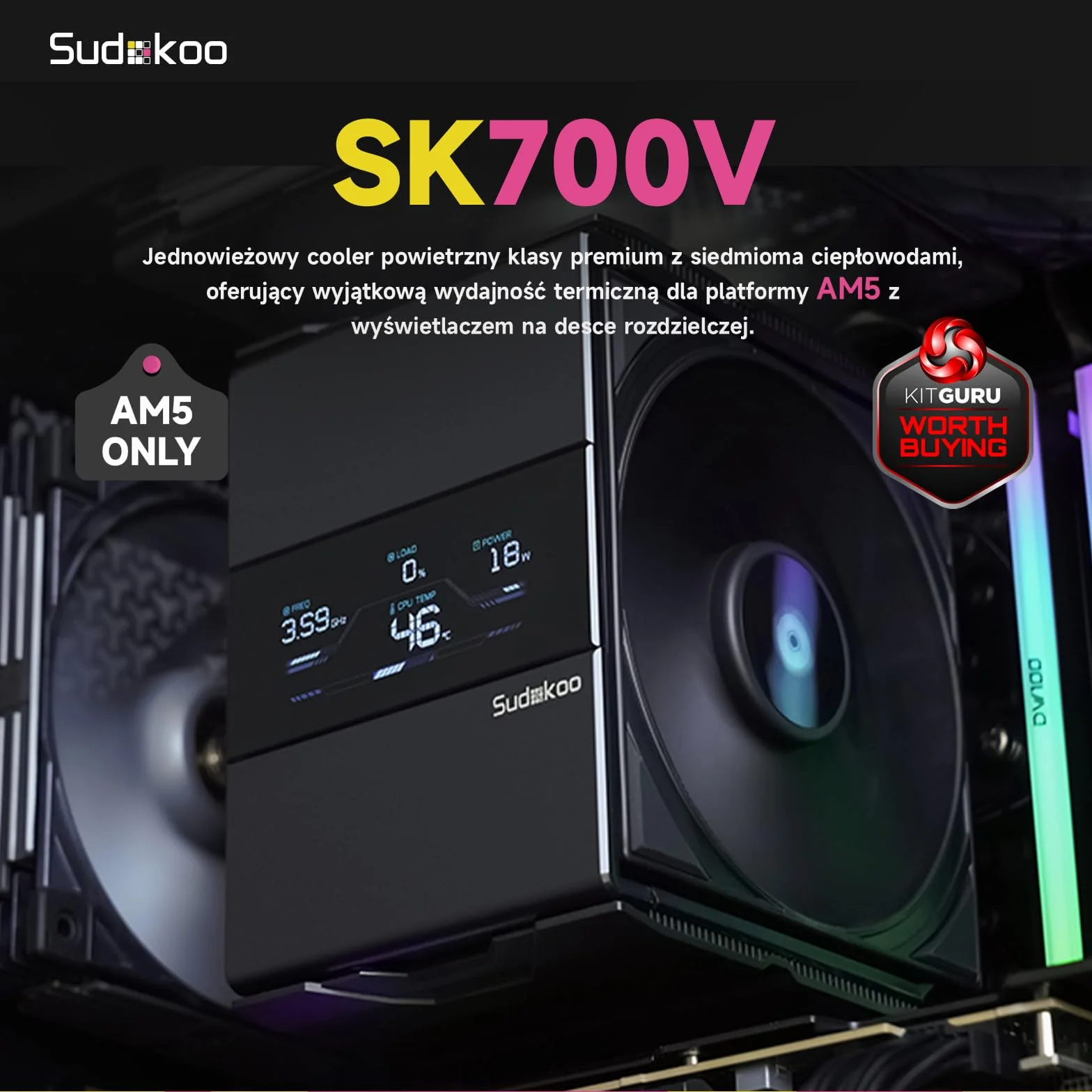 Sudokoo SK700V Chłodzenie CPU AM5, Wieża Pojedyncza, Wentylator 120mm FDB PWM, Czarny