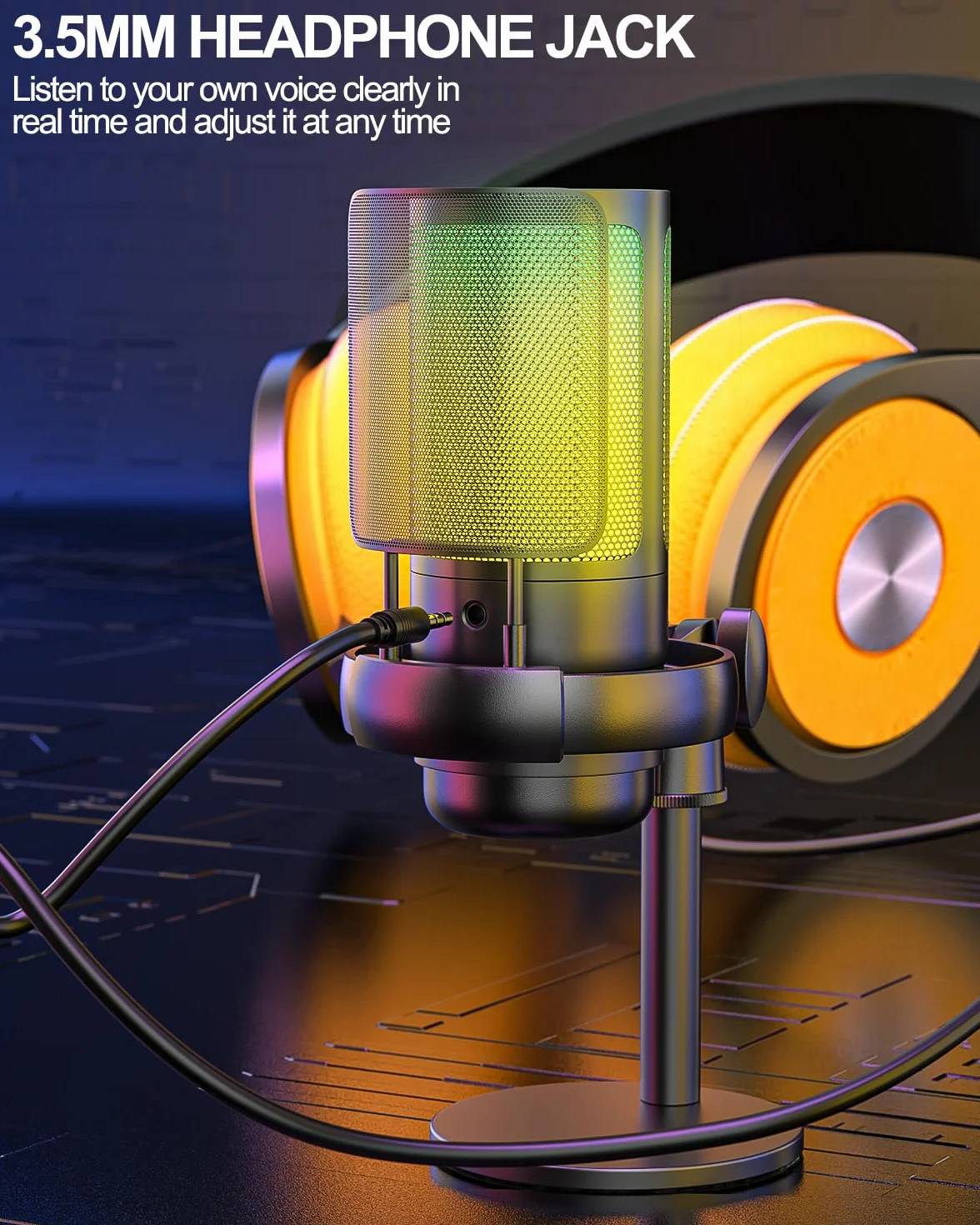 Anykuu Mikrofon Pojemnościowy RGB 24-bit/192 kHz do Gier z Wyciszeniem Jednym Klawiszem USB