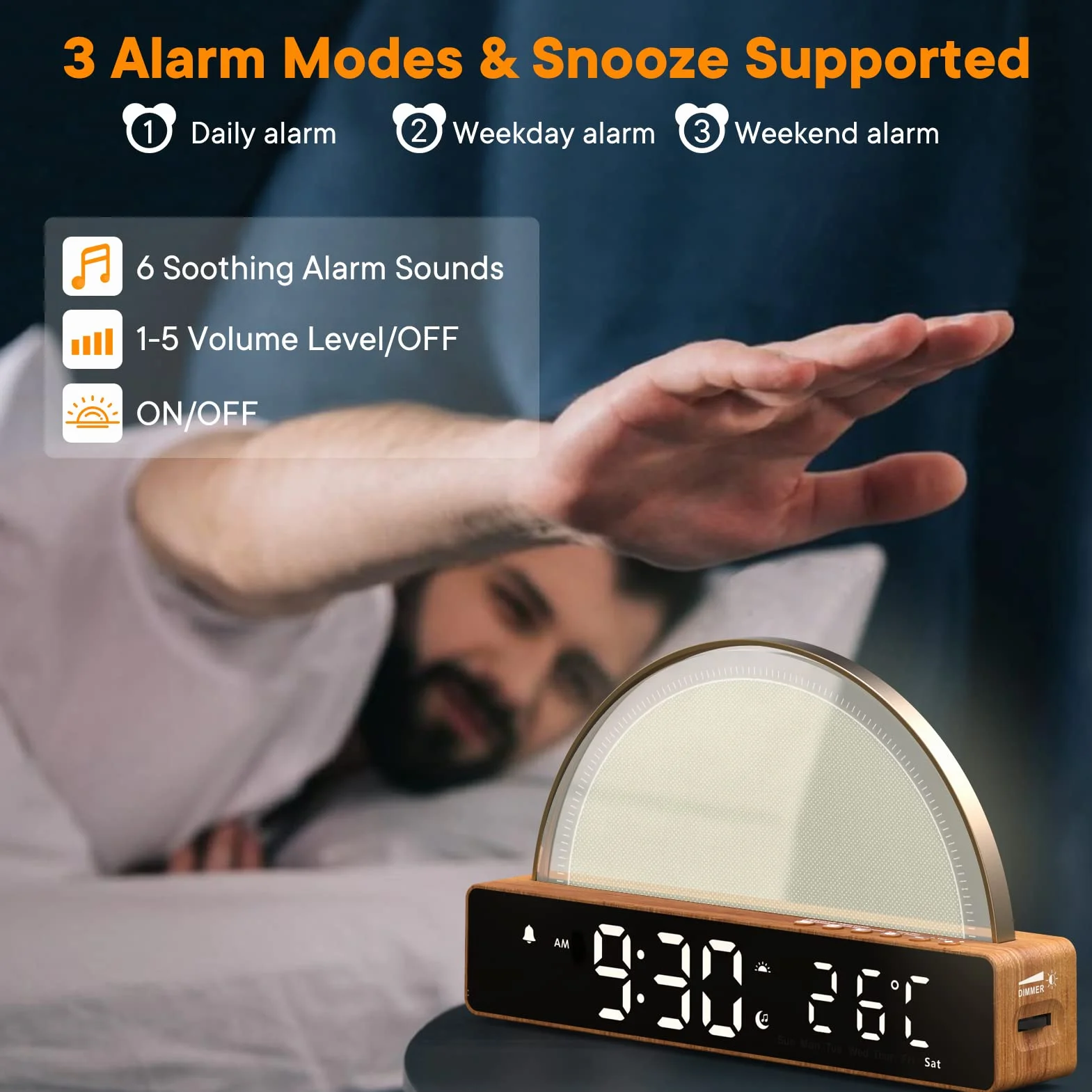 Budzik ze światłem, budzik świetlny, White Noise Machine, lampka nocna, dotykowa, ściemniana, lampa stołowa z 10 trybami do spania, funkcja drzemki, timer/wskaźnik temperatury, stacja ładująca USB,