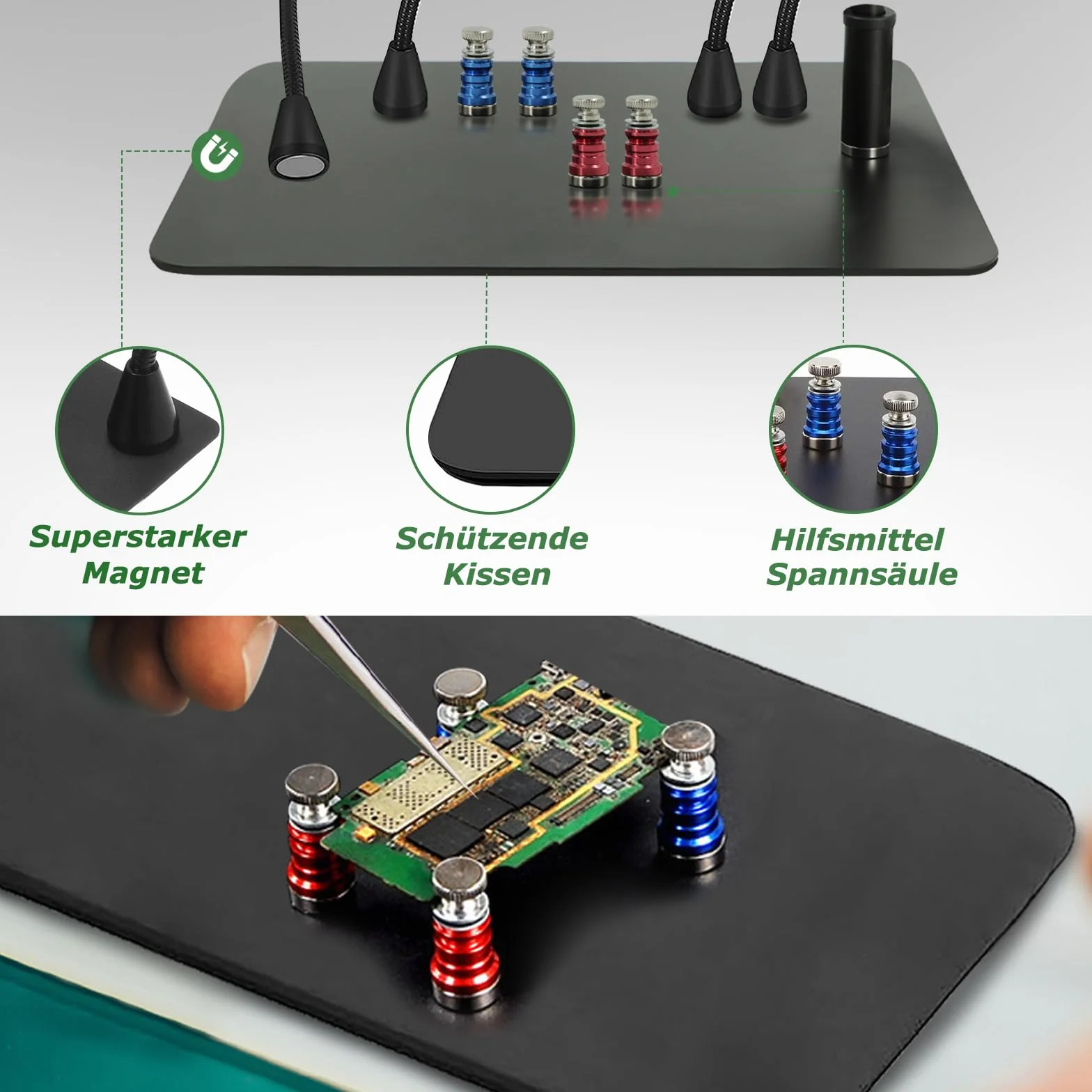 Stacja lutownicza z trzecią ręką, magnetyczna pomoc do lutowania, 10 x lupa, 4 kolumny PCB, 4 elastyczne ramiona i 1 mechaniczny uchwyt, pomoc lutownicza
