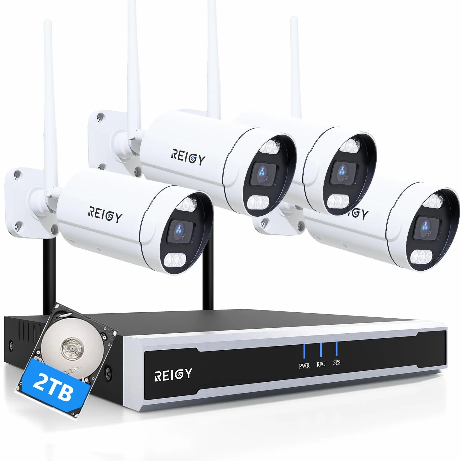 REIGY 8MP zestaw kamer WLAN do monitorowania na zewnątrz z dyskiem twardym 2TB, system nadzoru 4K 16CH WiFi NVR + 4x2160P kamera na zewnątrz, dwukierunkowa technologia audio, wykrywanie ruchu