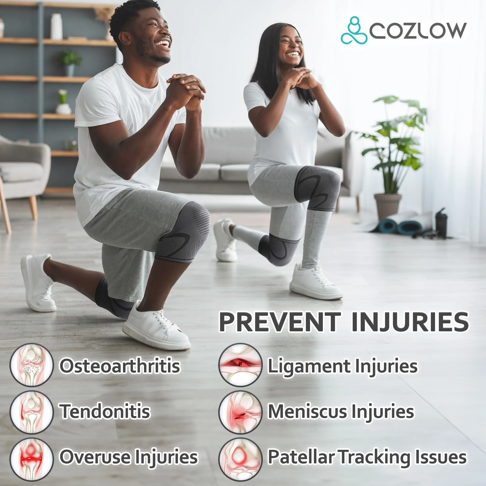 Cozlow Knee Brace for Arthritis & Torn Meniscus Relief (XL, 51-59 cm), 2 Black Knee Compression Sleeves w/ Silicone Gels