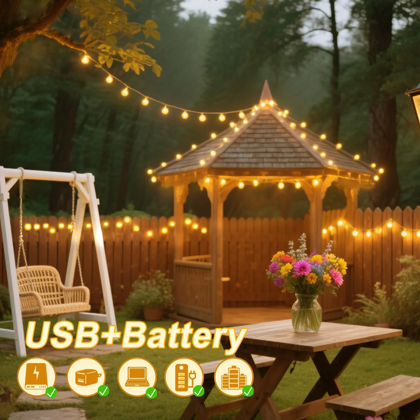 Świąteczne światełka 12M + 1M 100 Led, 8 Modes Garland Lights Indoor, Baterie lub USB, Fairy Lights z funkcją timera, na zewnątrz i wewnątrz, do ogrodów, domów, ślubów