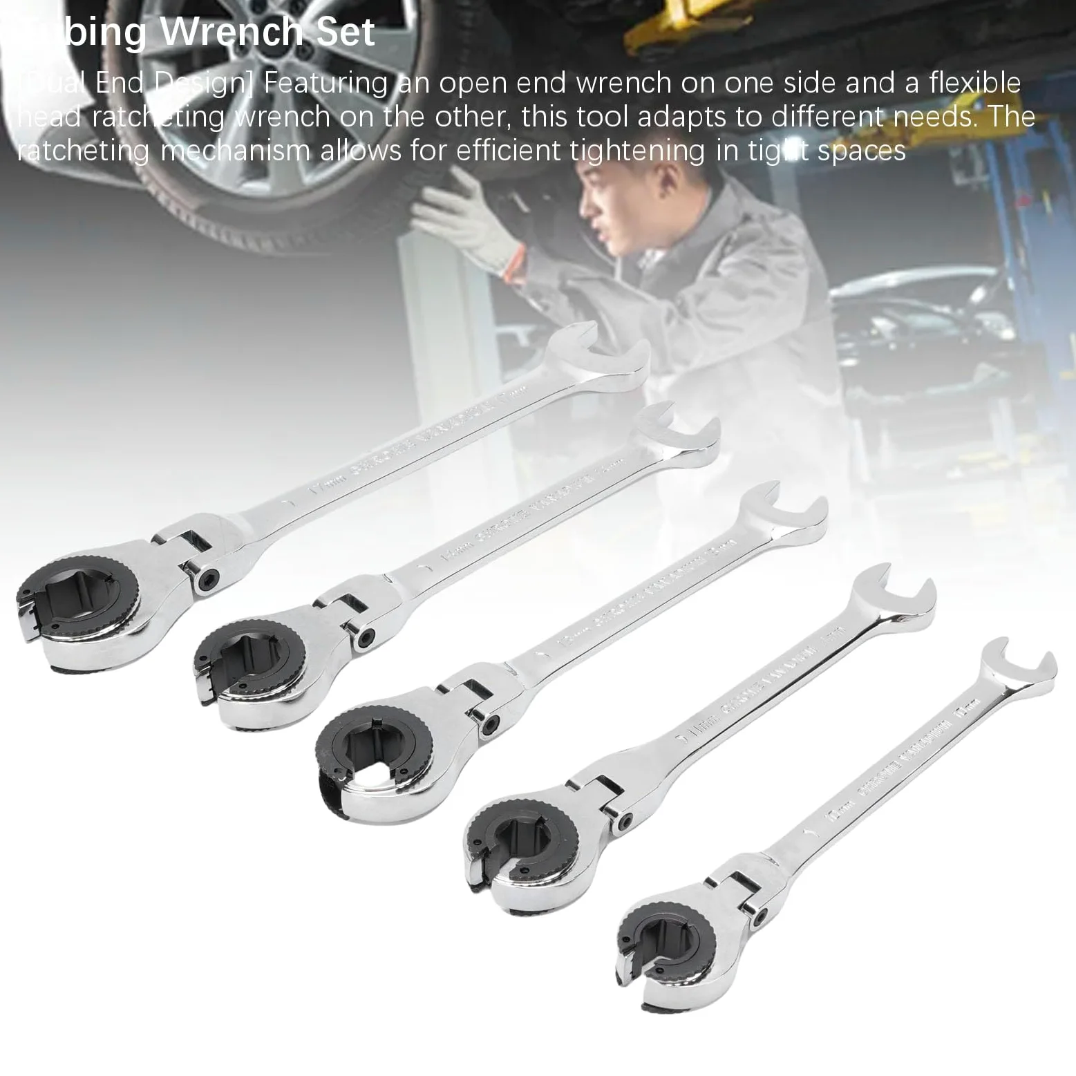 Generic 5 Szt. Dwustronnych Kluczy Zapadkowych z Elastyczną Głowicą, 10 11 13 14 17 mm Stal CR V 72 Zęby Regulowany Klucz Zapadkowy do Rur 180 Stopni