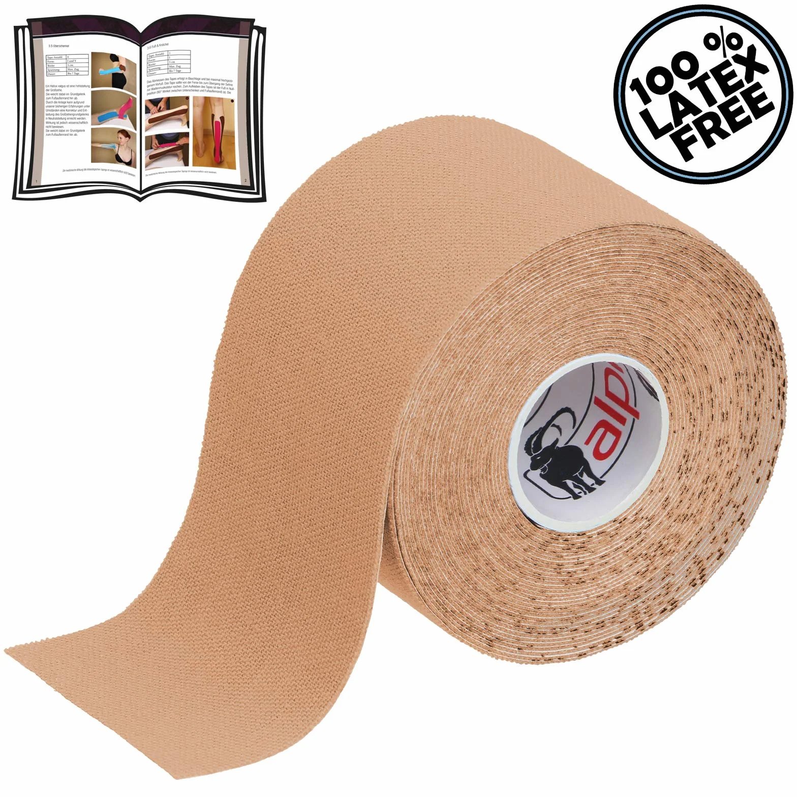 ALPIDEX Taśma kinezjologiczna 1/3/ 6/12 sztuk 5 m x 5,0 cm kolory do wyboru E-book broszura z informacją jak stosować elastyczne plastry zestaw set taśma plastry tejpy, Kolor:beżowy, ilość:1 rolka