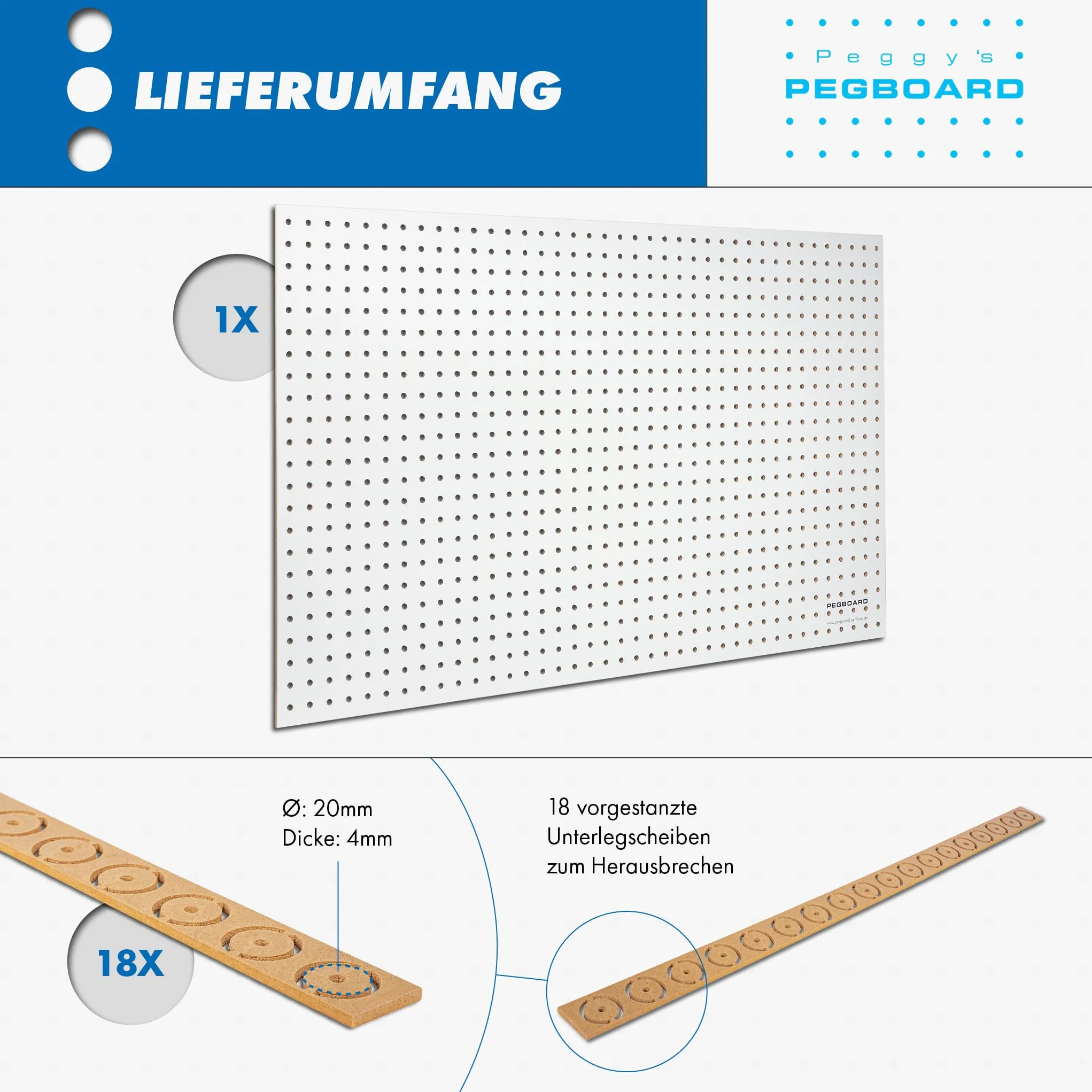 Pegboard MIDI 1 sztuka ściany narzędziowej z drewna (MDF) 100 x 60 x 0,5 cm – otwór Ø 7 mm odstęp między otworami 25,4 mm – lakierowana na biało – Made in Germany