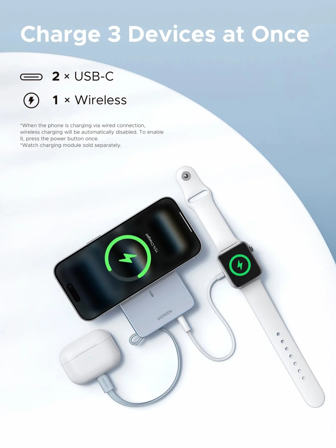 UGREEN MagFlow Magnetic Power Bank 10000mAh 25W Qi2 Magsafe z Wbudowanym Kablem USB-C i Wyświetlaczem LED Niebieski