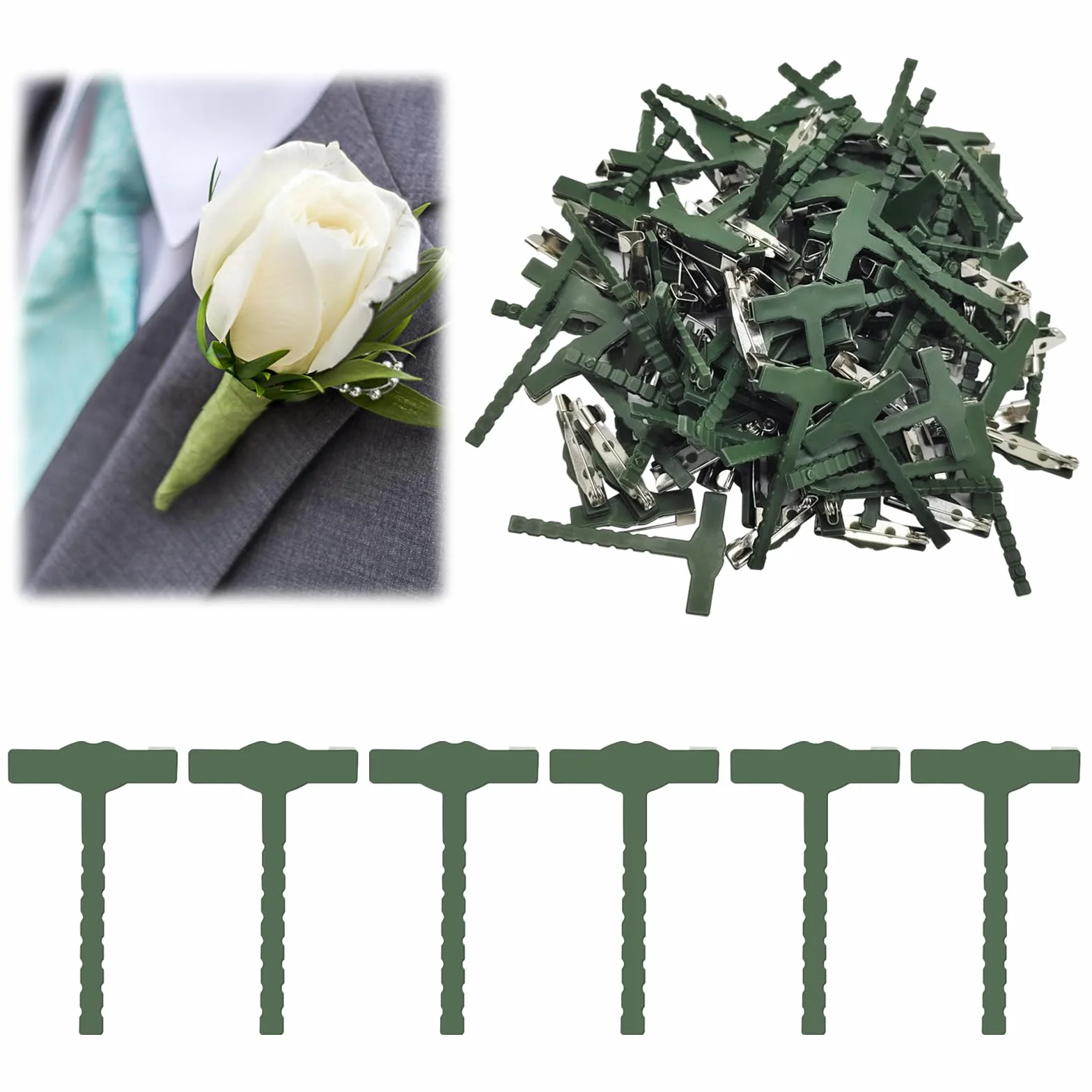 Zielona mała delikatna szpilka bezpieczeństwa w kształcie litery T 90 sztuk DIY ślub broszki boutonniere, akcesoria bezpieczeństwa do odzieży ślubnej