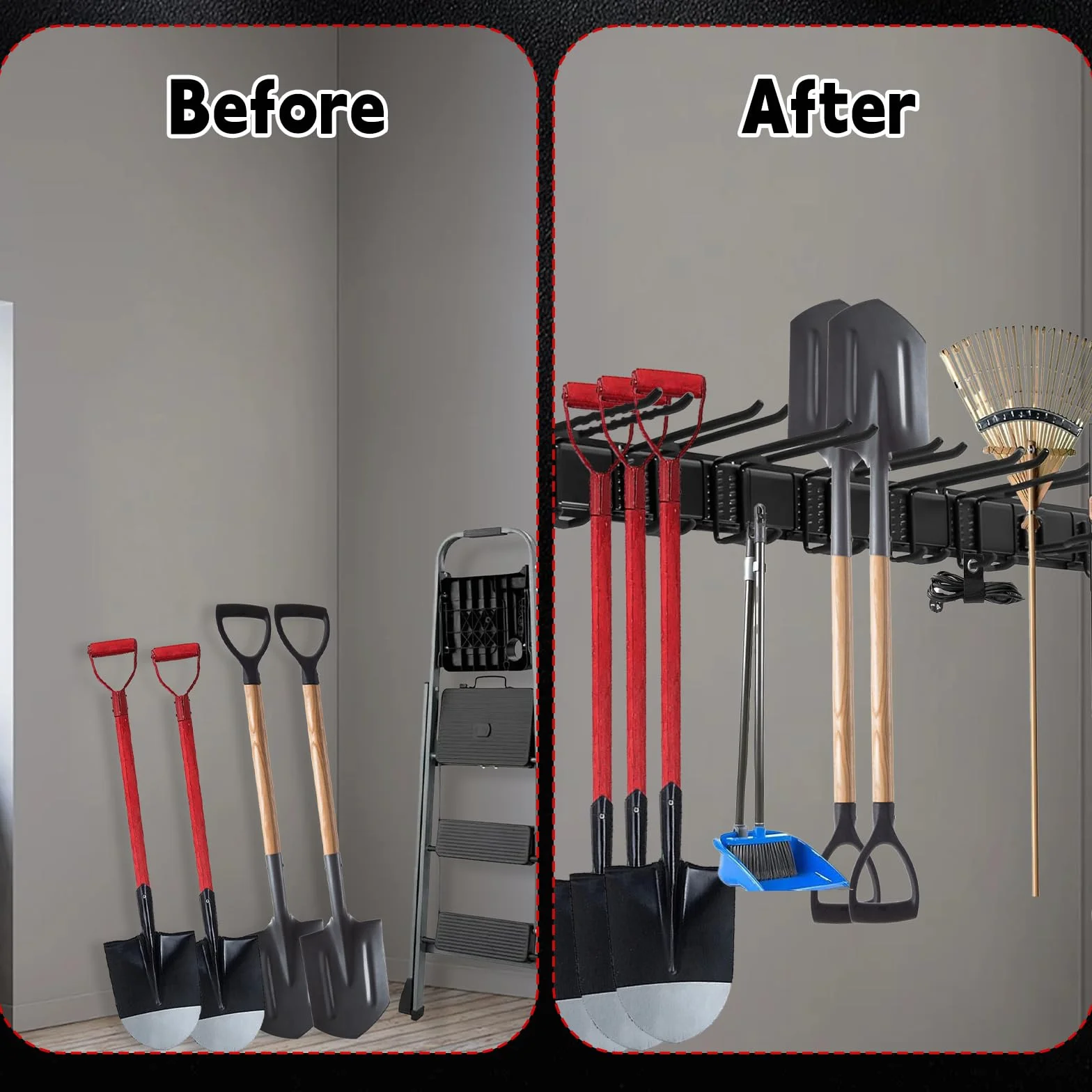 Garażowy organizer na narzędzia ogrodowe, uchwyt ścienny, 163 cm, czarny, żelazny, zawiera 4 panele z 12 haczykami, na łopaty, grabie, motyki, trymery, regulowane przechowywanie do garażu