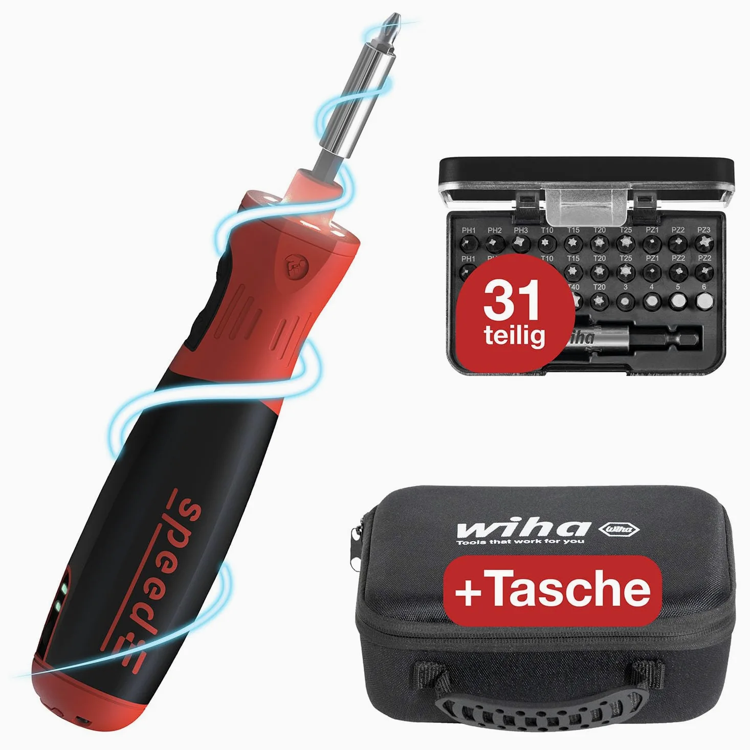 Wiha elektryczny śrubokręt speedE® PocketDrive z pudełkiem bitów i torbą (45791) | (45791) Końcówki w pudełku i etui I 1,0 + 5,0 Nm wkrętarka akumulatorowa w pudełku z kablem do ładowania USB