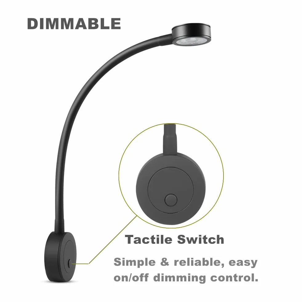 acegoo Lampa do czytania 12V, lampka nocna LED do czytania elastyczna gęsia szyja DC12-24 V oświetlenie wewnętrzne łóżka z przyciskiem ściemniaczem i ładowarka USB do łodzi kampera kampera
