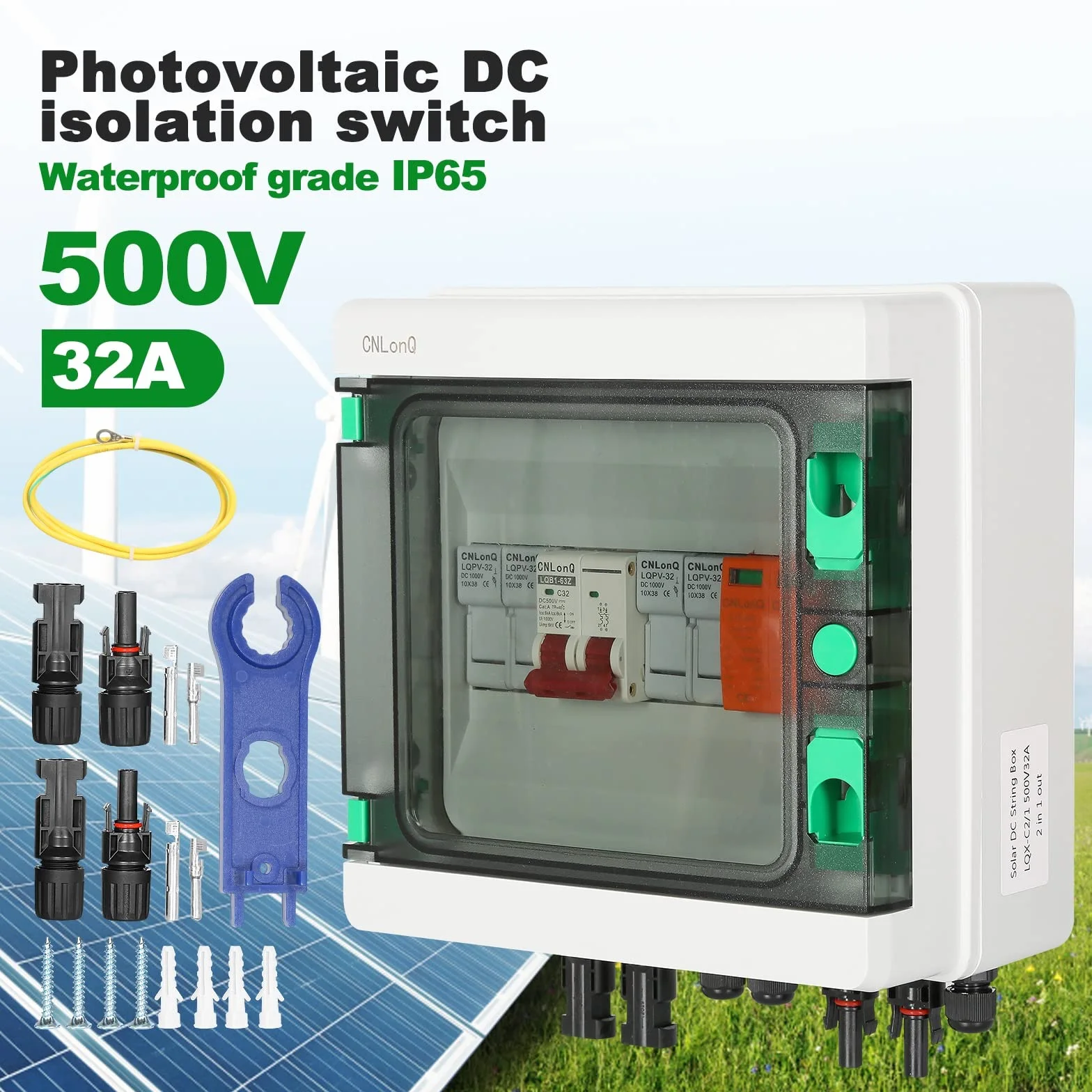 DEWIN Skrzynka łącząca PV 2 łańcucha, 500V 32A PV Wyłącznik DC Ochrona przeciwprzepięciowa 2 łańcucha 2 wejścia 1 wyjście wodoodporna skrzynka przyłączeniowa do instalacji PV