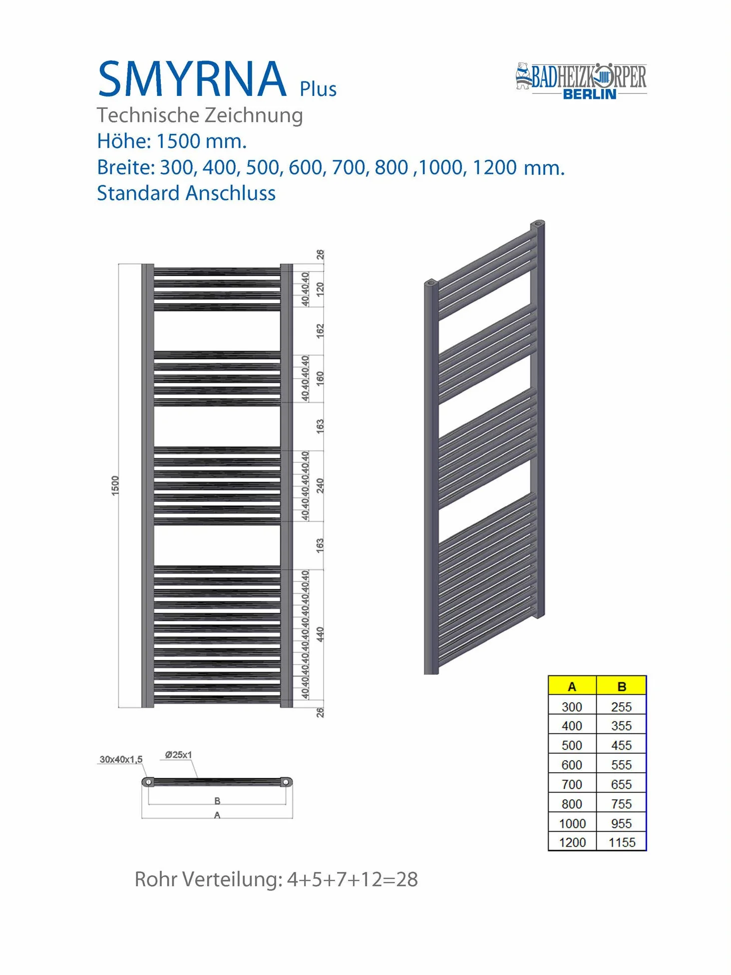 Grzejnik łazienkowy SMYRNA biały 400 x 1500 mm. Zakrzywione przyłącze standardowe z 2 sztukami wieszaków na ręczniki