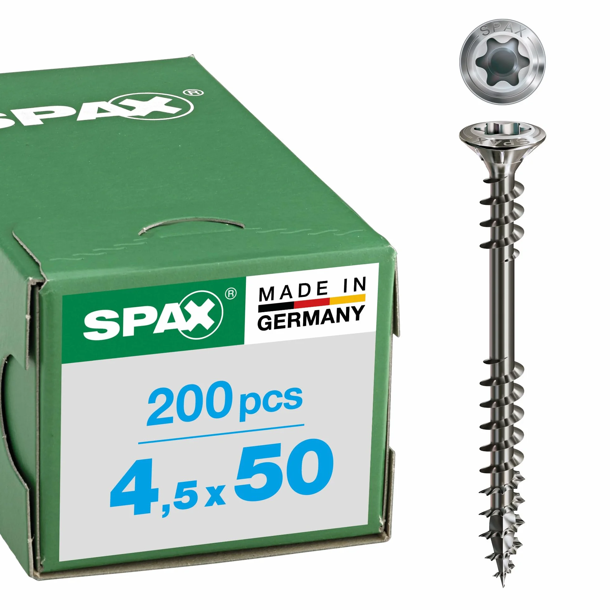 SPAX Śruba fasadowa ze stali nierdzewnej A2, 4,5 x 50 mm, 200 sztuk, T-STAR plus, zredukowana łeb soczewki, gwint mocujący, 4CUT, 25470004505022