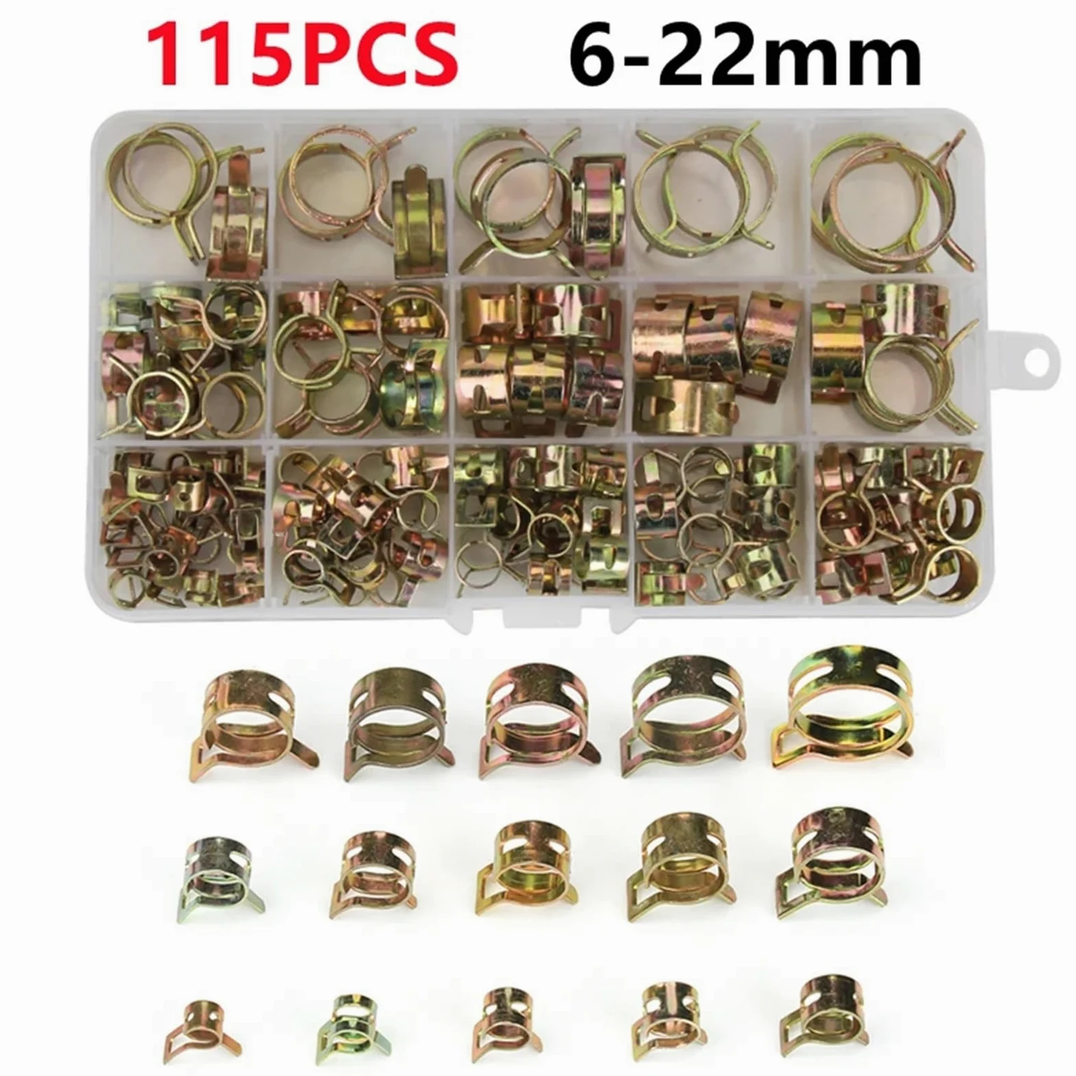 Wszechstronne 100/115/155/165 sztuk Sprężynowe opaski do węży - 6–22 mm metalowe elementy złączne do rur paliwowych, olejowych, wodnych i gazowych(115PCS)