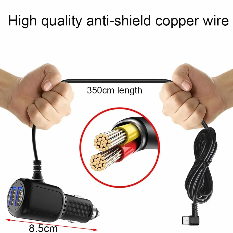 Gebildet Micro USB Power Cord Cable with Dual Port USB,Vehicle Power Charging Cable with Długość(11.5 stopy/350cm) do ładowarki Samochodowej Kamery Dashcam do Zasilania Detektorów Radarowych Dashcam