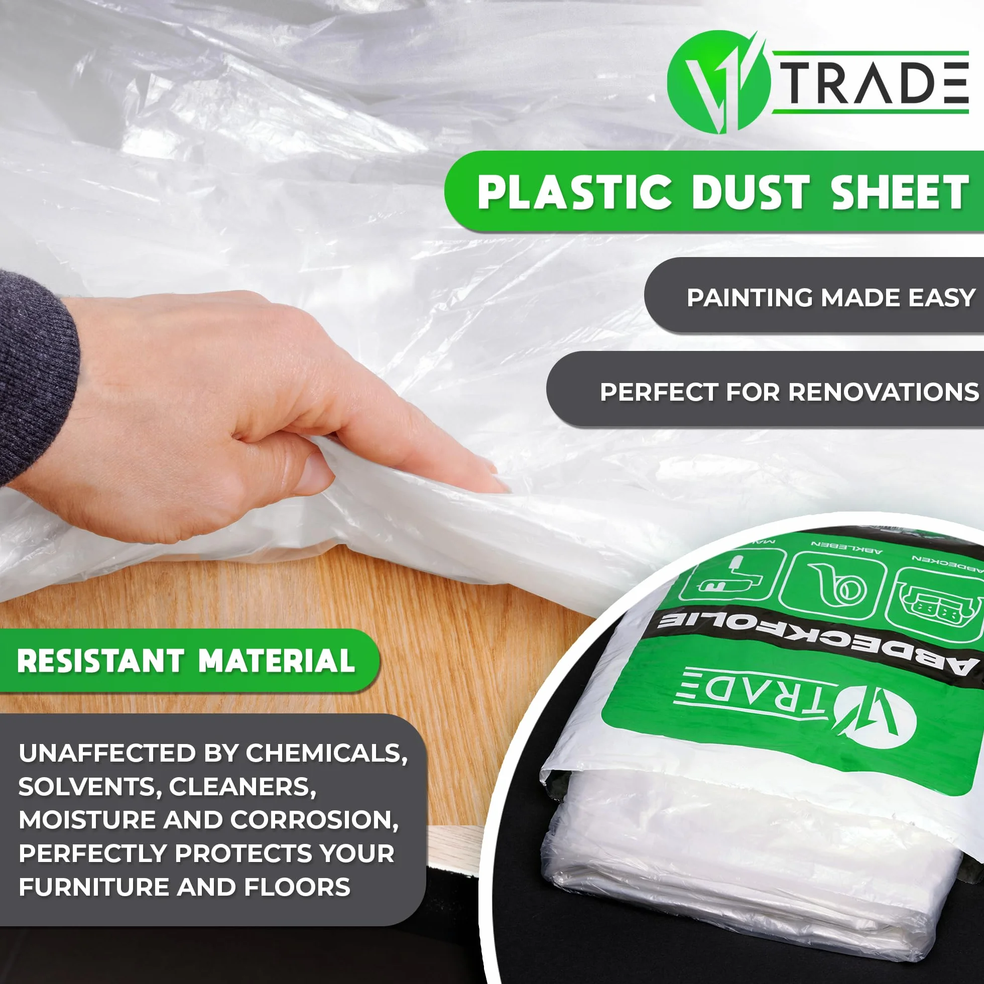 V1 Trade Folia Maskująca Maler 4 m/5 m - 3 x Malarska Bardzo Mocna 240 g - Materiał LDPE - Samoprzylepna - Chroniąca Przed Kurzem - Idealna Do Ochrony Mebli i Podłóg