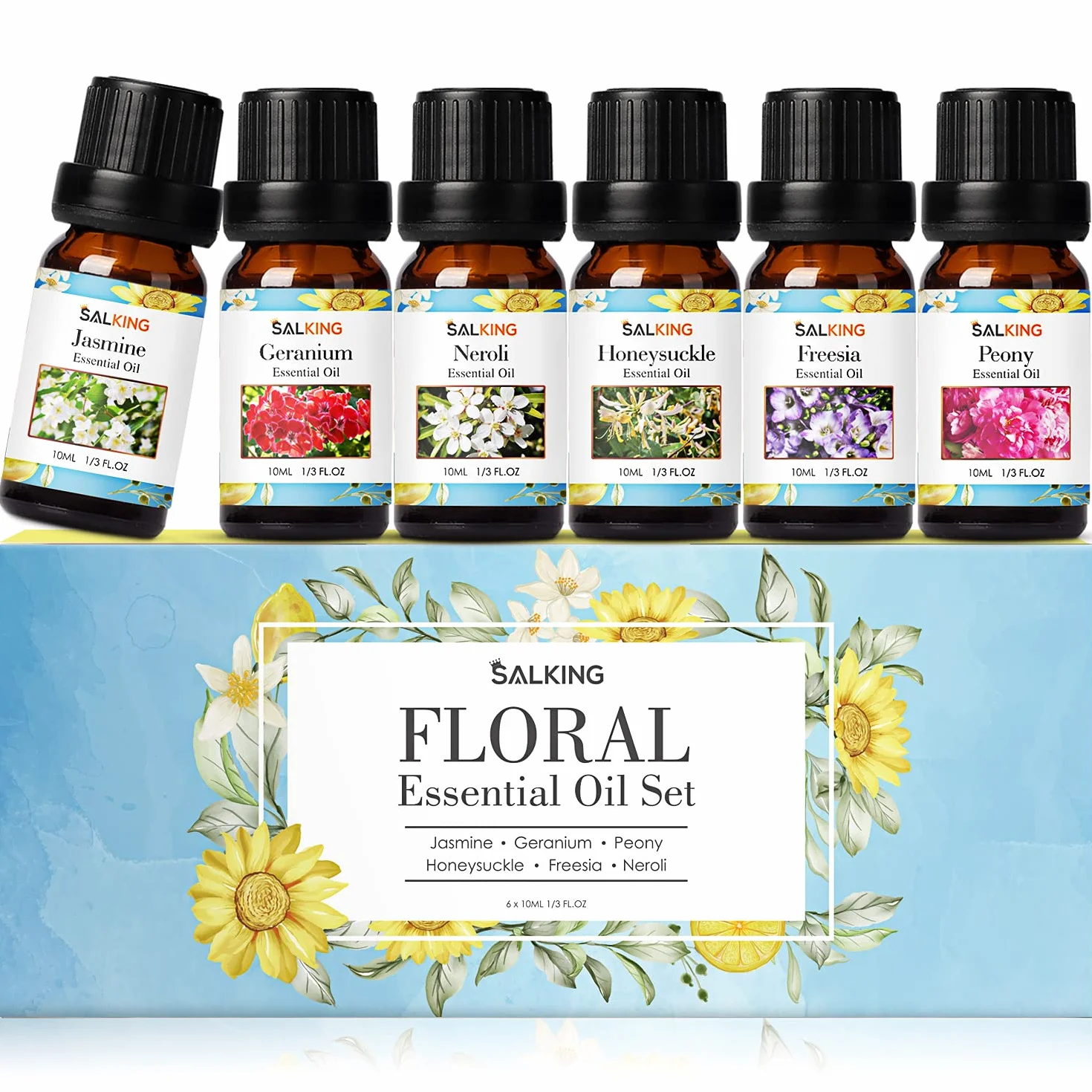 Kwiaty Olejki eteryczne do dyfuzorów, zestaw olejków eterycznych SALKING DIY czyste świece, masaż, aromaterapia, wiciokrzew, Frezja, piwonia, jaśmin, geranium, neroli, 6 x 10 ml
