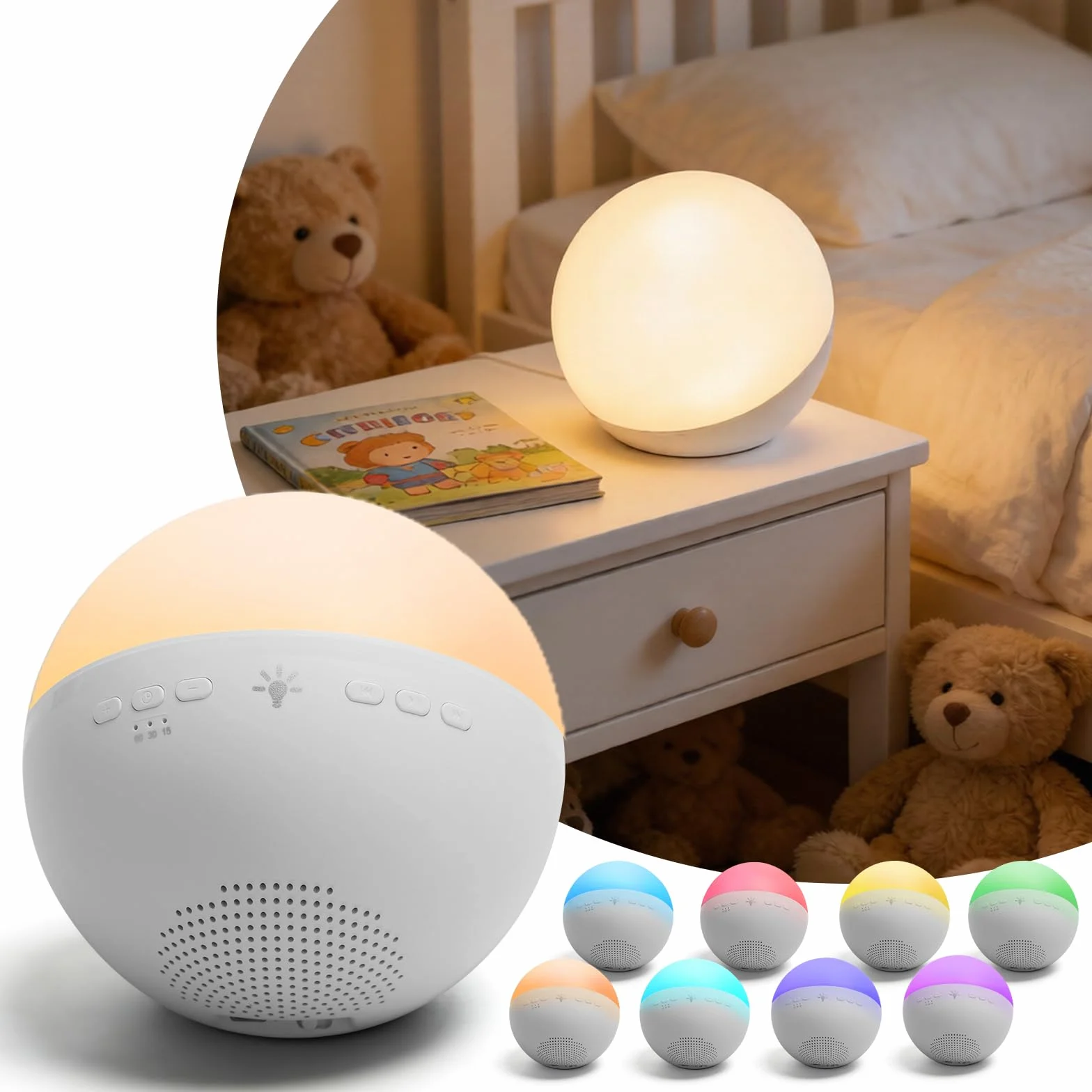 Aigostar Lampka Nocna dla Dzieci i Generator Białego Szumu, 22 Kojące Dźwięki, 7 Kolorów RGB, Timer, Akumulator USB, Pomoc w Zasypianiu, Prezent dla Niemowląt i Dorosłych