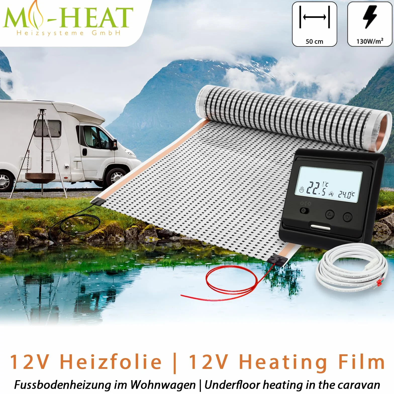 Elektryczna podłogowa ogrzewaczka 12V 2,0 m z termostatem do przyczep kempingowych