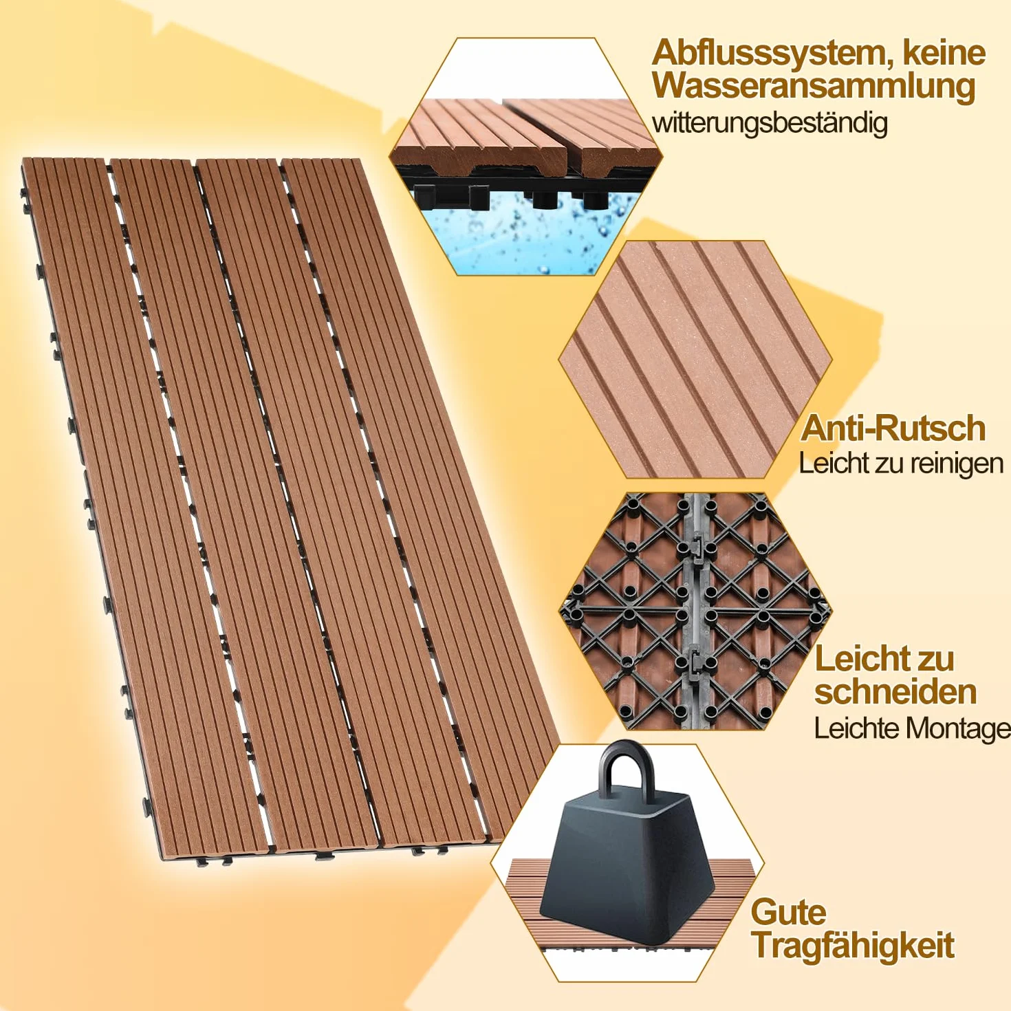 Ikodm Płytki tarasowe WPC 30 x 60 cm, płytki na klik, płytki balkonowe, brązowe, wodoodporne, odporne na korozję, łatwe do ułożenia (6 szt. -1 m²)