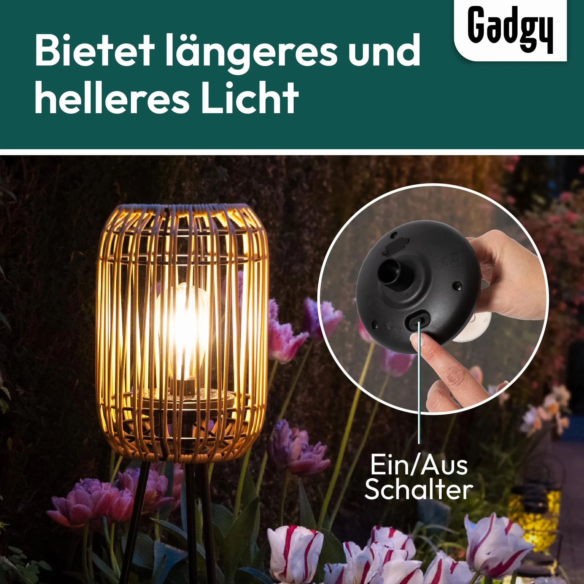 Gadgy Lampa Stojąca Solarna Na Zewnątrz - Rattanowa LED Na Trójnogu, Wodoodporna Lampa Ogrodowa Do Balkonu, Tarasu i Patio, Zrównoważone Dekoracyjne Oświetlenie Zewnętrzne