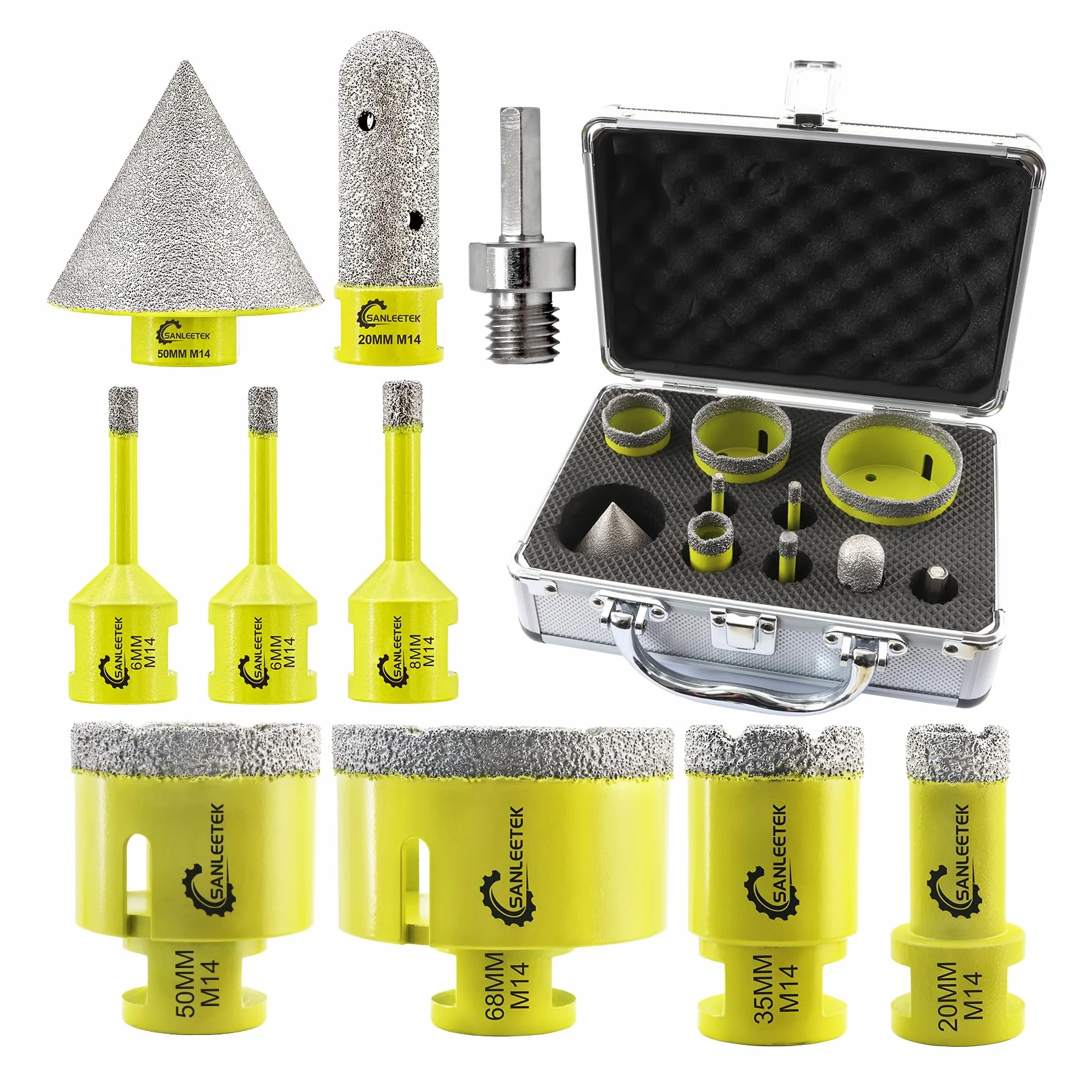Diamentowa koronka wiertnicza 10 sztuk (6/6/8/20/35/50/68 mm + 20 mm + frez palcowy 50 mm, diamentowe wiertło fazowe + adapter sześciokątny) wiertło do płytek ceramicznych, porcelana, marmur, granit, gwint M14 SANLEETEK