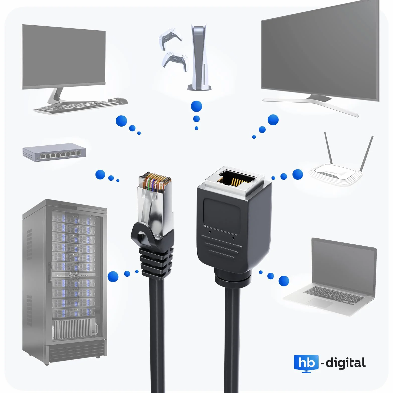 HB-DIGITAL Przedłużacz Ethernet Cat.7 RJ45 0,5m 10 Gbit/s S/FTP PIMF 600MHz Czarny