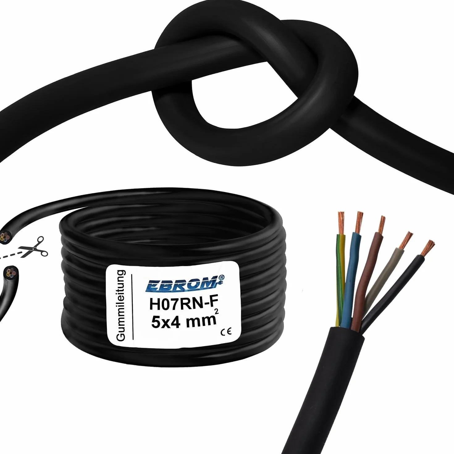 Wąż gumowy, H07RN-F 5G4 mm², 5 x 4 mm², towar sprzedawany na metry w odstępach 1 m, kabel przedłużający, gumowy kabel przyłączeniowy na plac budowy, na zewnątrz, IP44, długość: 15 m