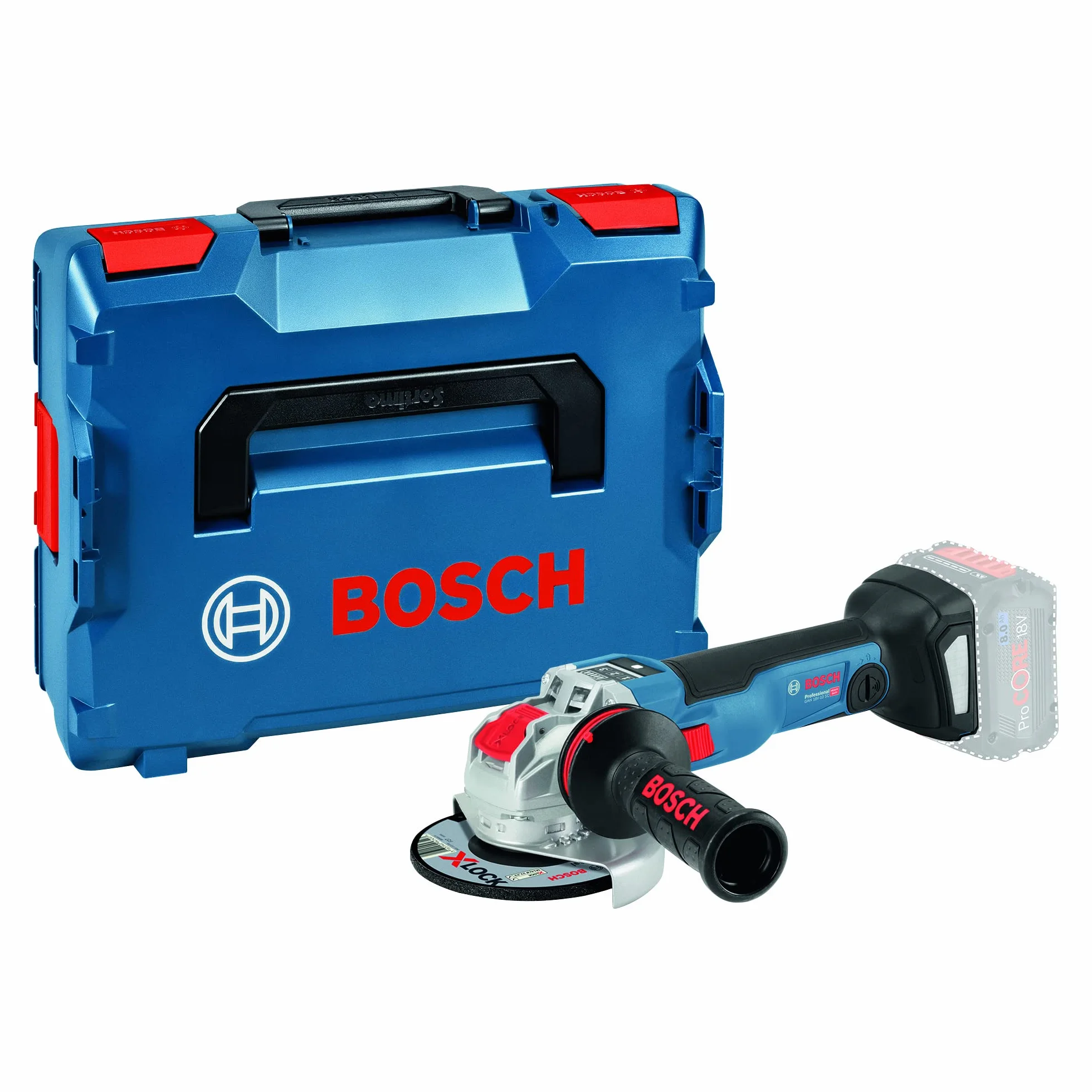 Bosch Professional system 18V: akumulatorowa szlifierka kątowa GWX 18V-10 SC (system X-LOCK, prędkość obrotowa bez obciążenia: 4 500 – 9 000 min–1, Ø tarczy: 125 mm, walizka L-BOXX)