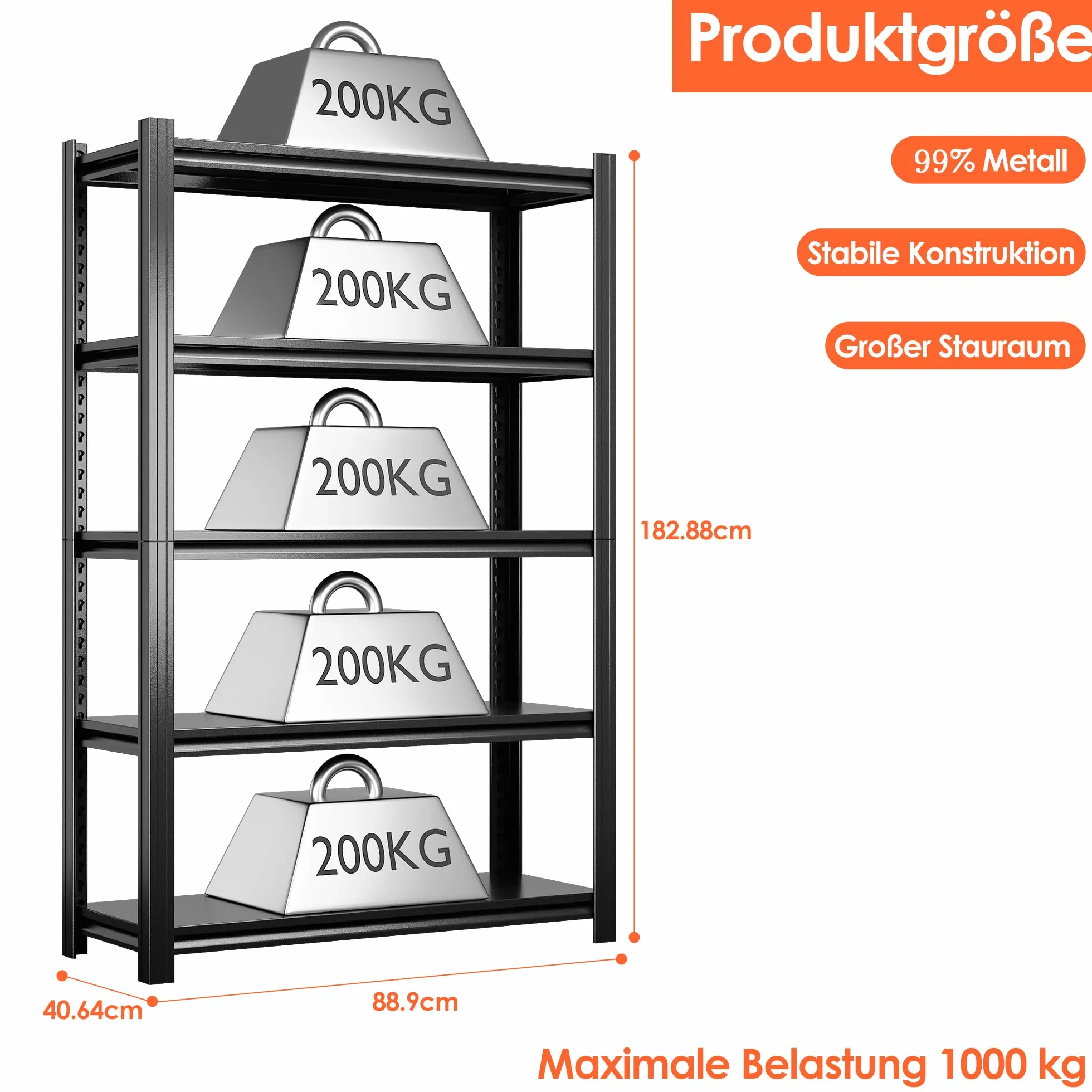 SUPEER Metalowy regał do dużych obciążeń, 183 x 90 x 40 cm, z 5 regulowanymi półkami metalowymi, regał magazynowy do piwnicy i warsztatu, nośność do 1000 kg, kolor czarny