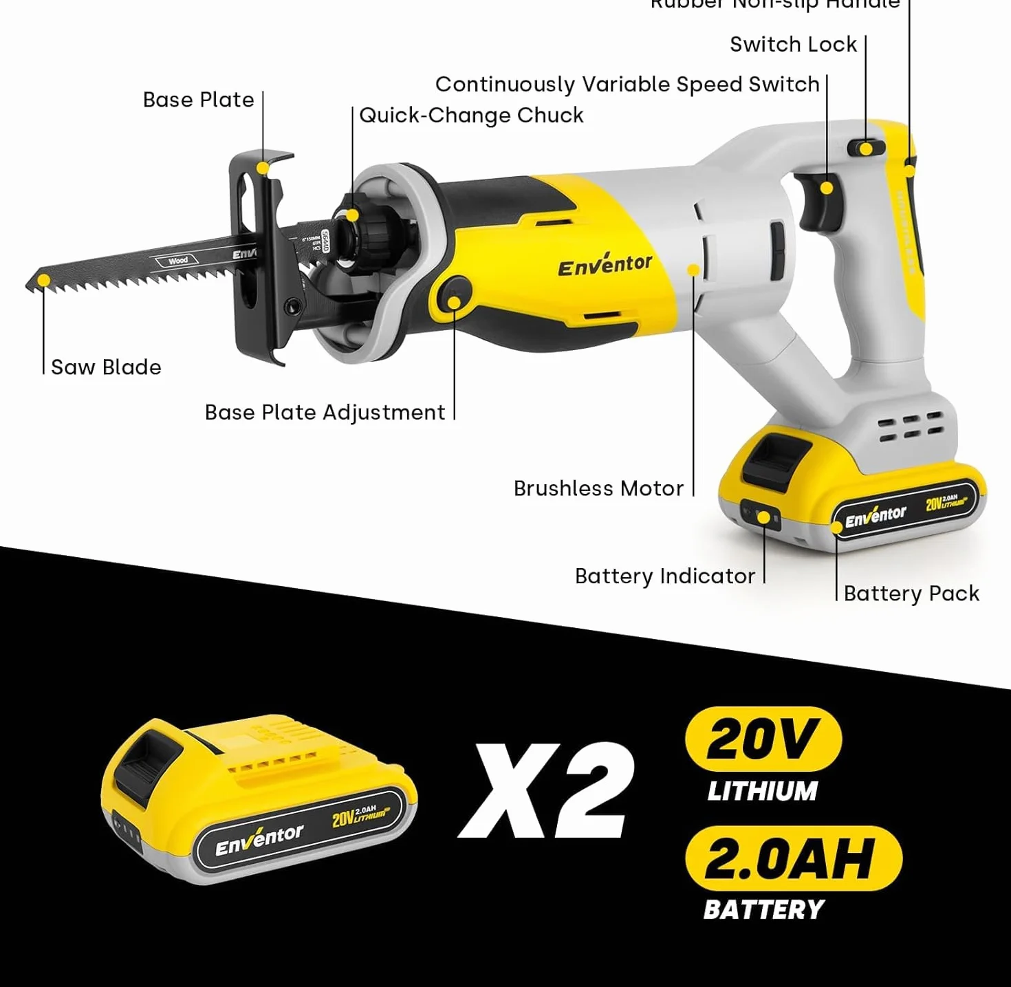 ENVENTOR 20V Bezszczotkowa Piła Szablasta, 2 x 2.0 Ah, 0-3000 RPM, 5 Brzeszczotów
