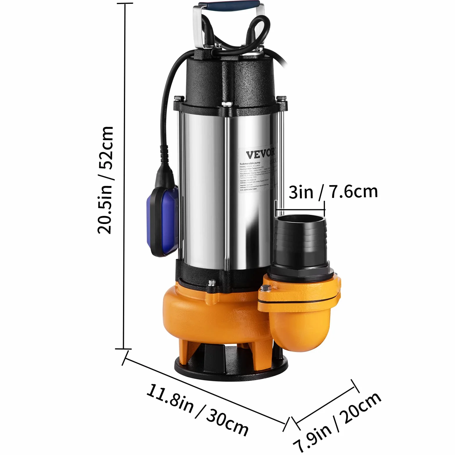 VEVOR 2200 W 3HP, zatapialna pompa do ścieków, maksymalny przepływ 1000 l/min, pompa brudnej wody maksymalne podnoszenie 18 m do basenów, piwnic, stawów