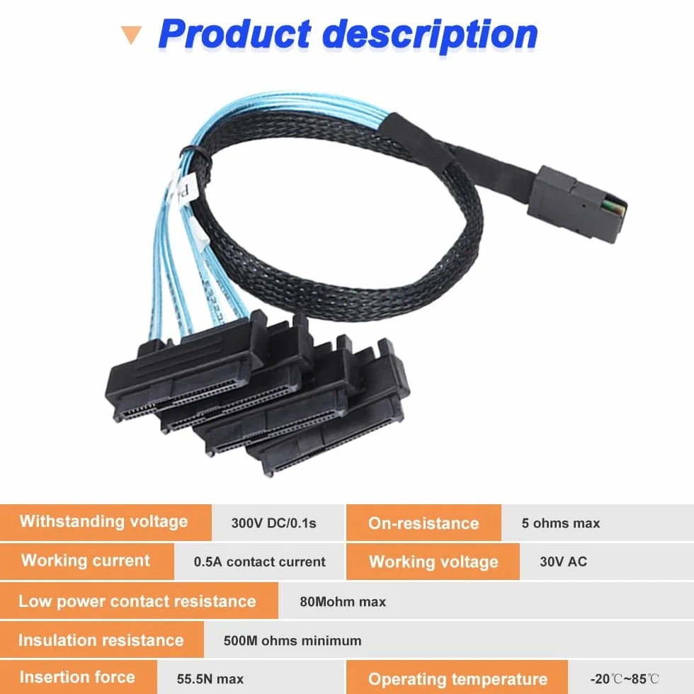 Xiatiaosann Kabel Mini SAS do SAS, 36 pinów SFF-8087 Host do SAS SFF8087 do SFF-8482 wtyczka 4 x SAS 29 Pin z kablem SATA Power Splitter z kablem SATA Power Splitter (50 cm/1,64 FT)