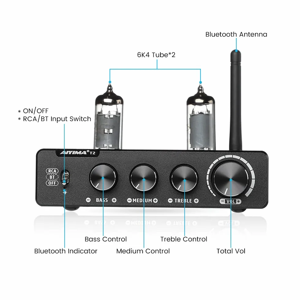 AIYIMA T2 6K4 przedwzmacniacz próżniowa rura Bluetooth 5.0 Hi-Fi stereo aptX