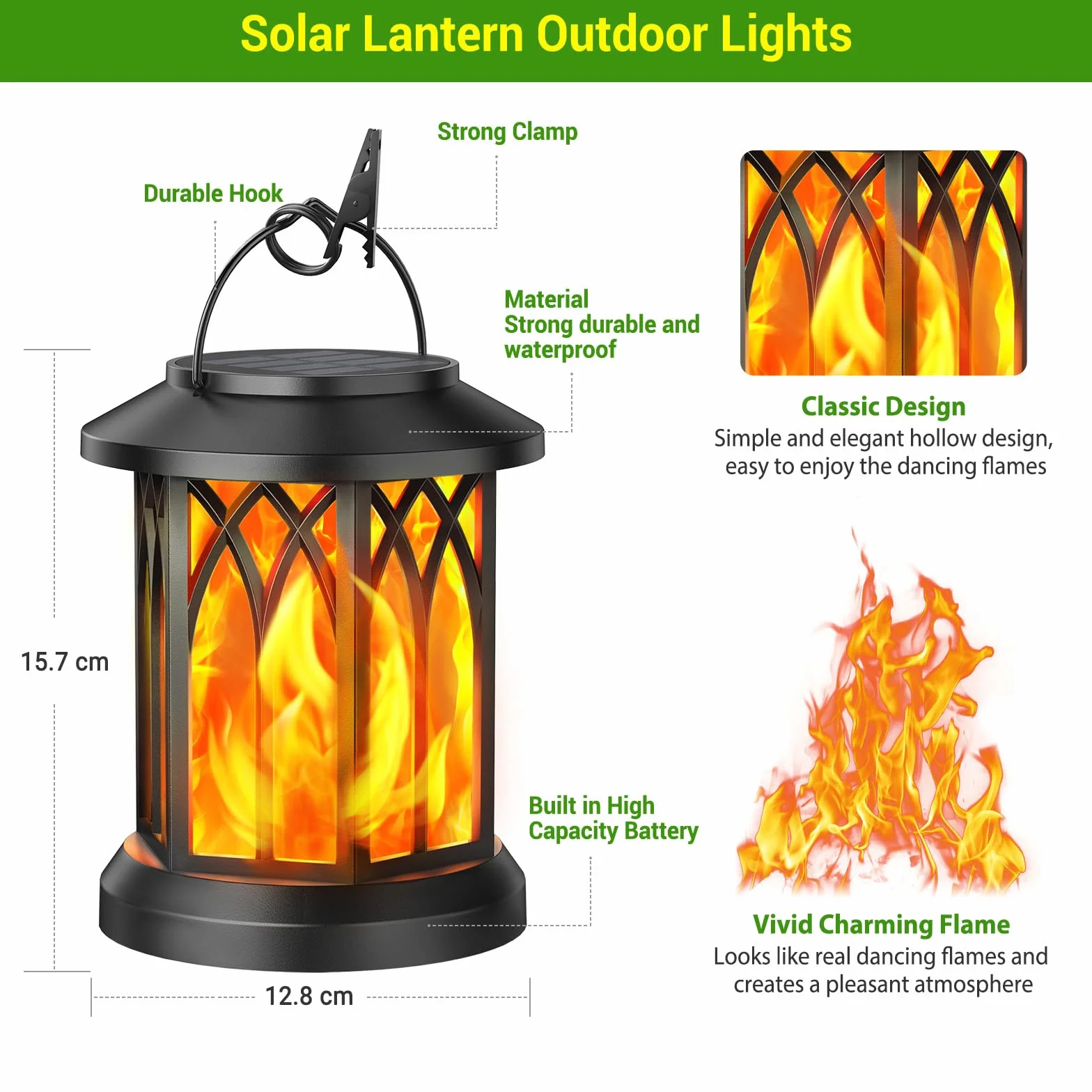 GEARLITE lampy solarne do użytku na zewnątrz, wiszące, do użytku na zewnątrz, z realistycznymi efektami płomienia, wodoszczelność IP65, dekoracja ogrodowa z klipsami do użytku na zewnątrz JZHY-4