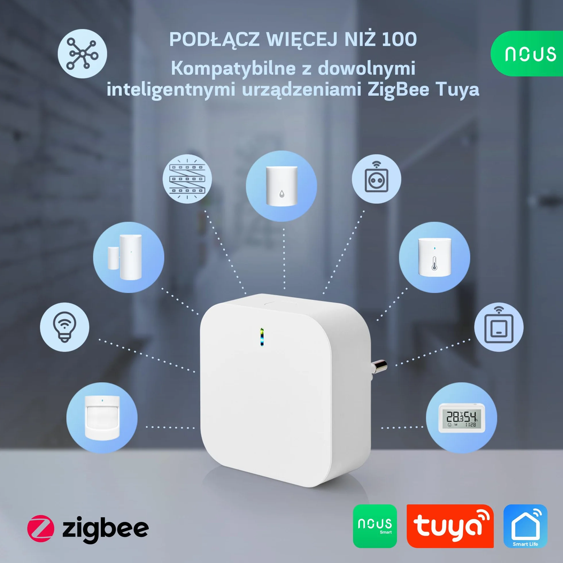 NOUS E1 ZigBee Gateway, koncentrator ZigBee / Bluetooth, ZigBee Bridge, ZigBee Smart Home, ZigBee Gateway Alexa, Gateway ZigBee Smart Home, ZigBee 3.0, Bluetooth, aplikacja Smart Life/Tuya