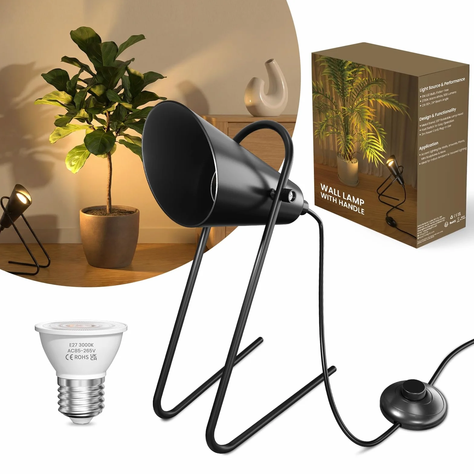 Lampa stojąca, lampa podłogowa LED do wnętrz w górę, 6 W 3000 K, domowe akcenty, dzieła sztuki, z przenośnym uchwytem, kabel 2 m z wtyczką i przełącznikiem nożnym
