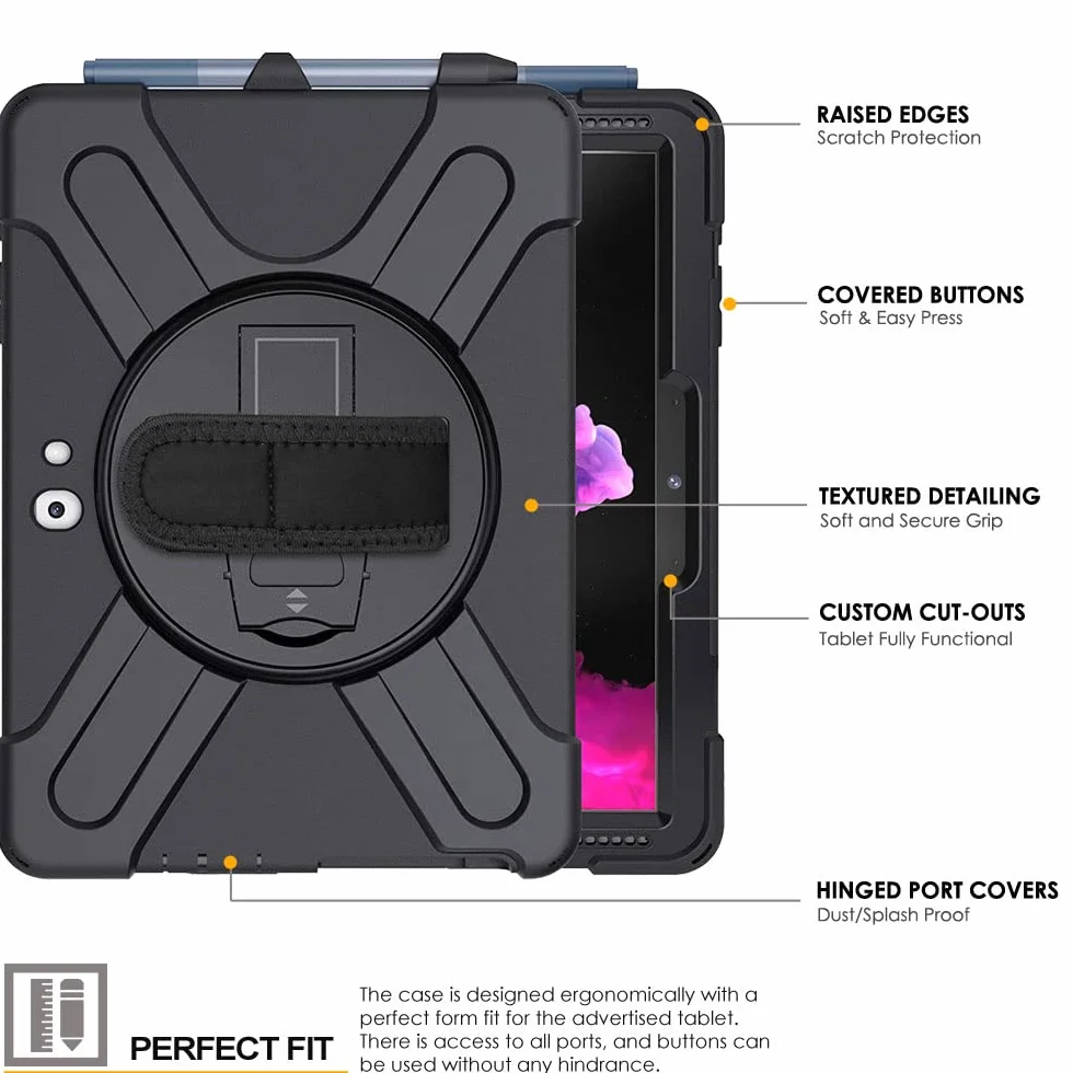 TECHGEAR X-Case pasuje do Microsoft Surface Go 4 / Surface Go 3/2 / 1 26.7 cm, wytrzymałe, wytrzymałe etui odporne na wstrząsy, stojak obrotowy 360, pasek na rękę i pasek na ramię - czarne
