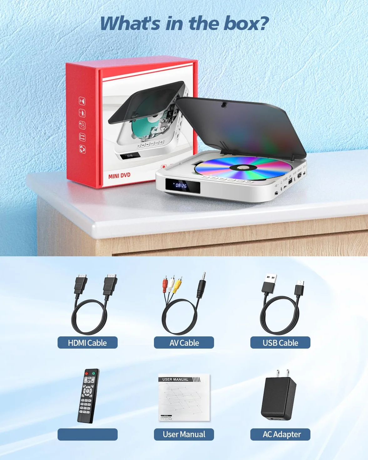 DESOBRY Mini odtwarzacz DVD 1080P HD, mały odtwarzacz DVD do telewizora, bez wszystkich regionów, kompaktowe, odtwarzanie w wielu formatach, wyjście HDMI i AV, wejście karty USB/TF, pilot zdalnego
