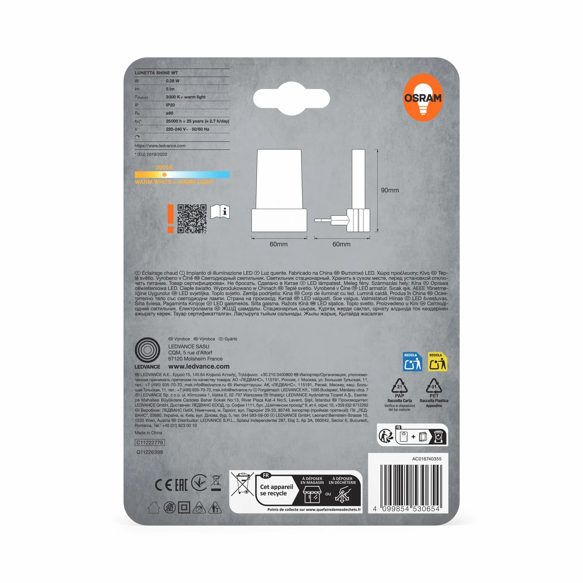 OSRAM Lampka nocna z gniazdem, czujnik światła dziennego, 3000K ciepła biel, 0,28 W, biały, klasa ochrony IP20, do pokoju dziecięcego i salonu