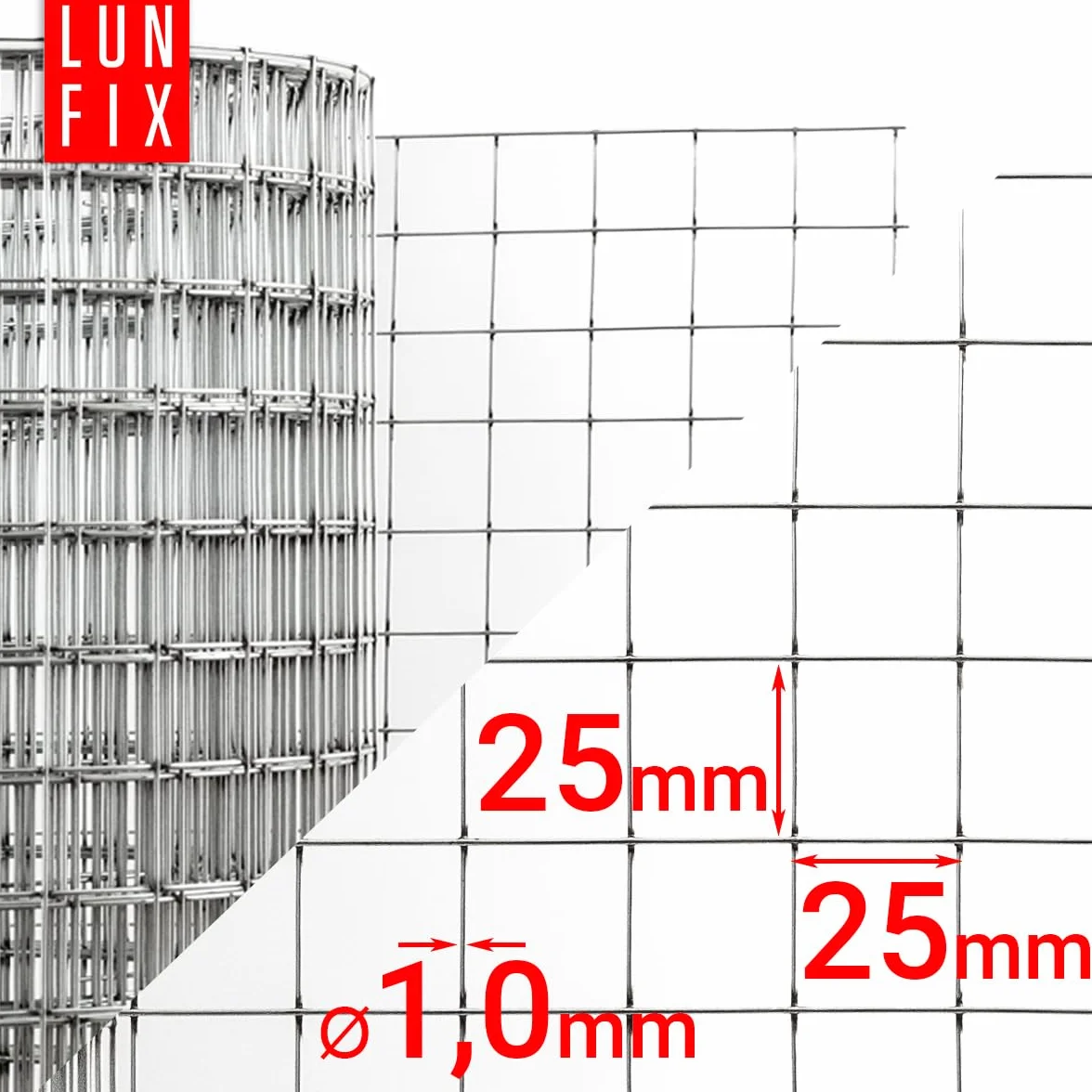 Drut wolierowy – stal ocynkowana, 25 x 25, Ø 1 mm, 0,5 m x 5 m, drut dla zajęcy, drut dla królików, siatka druciana, siatka zgrzewana, siatka ogrodzeniowa, siatka na norniki do ogrodu, ogrodzenie z
