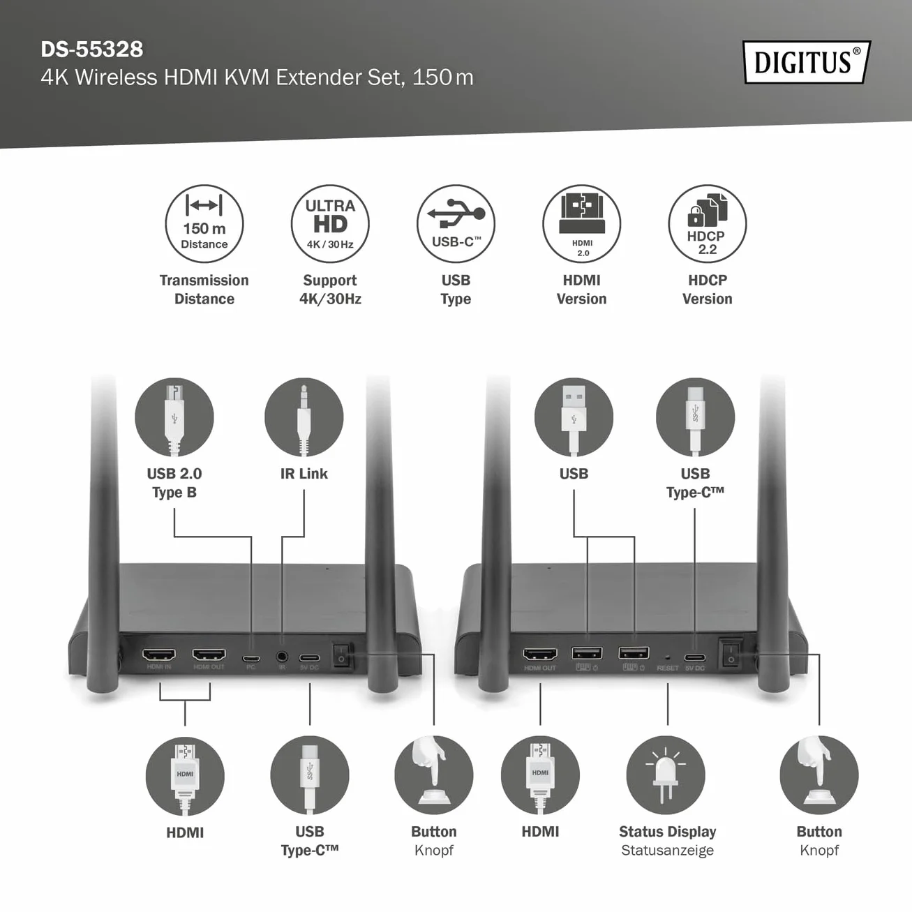 DIGITUS DS-55328 Bezprzewodowy przedłużacz KVM HDMI 1x4 UHD 4K 30 Hz Zasięg 150 m Zestaw nadajnika i odbiornika Loop-Out IR HDMI 2.0 HDCP 2.2