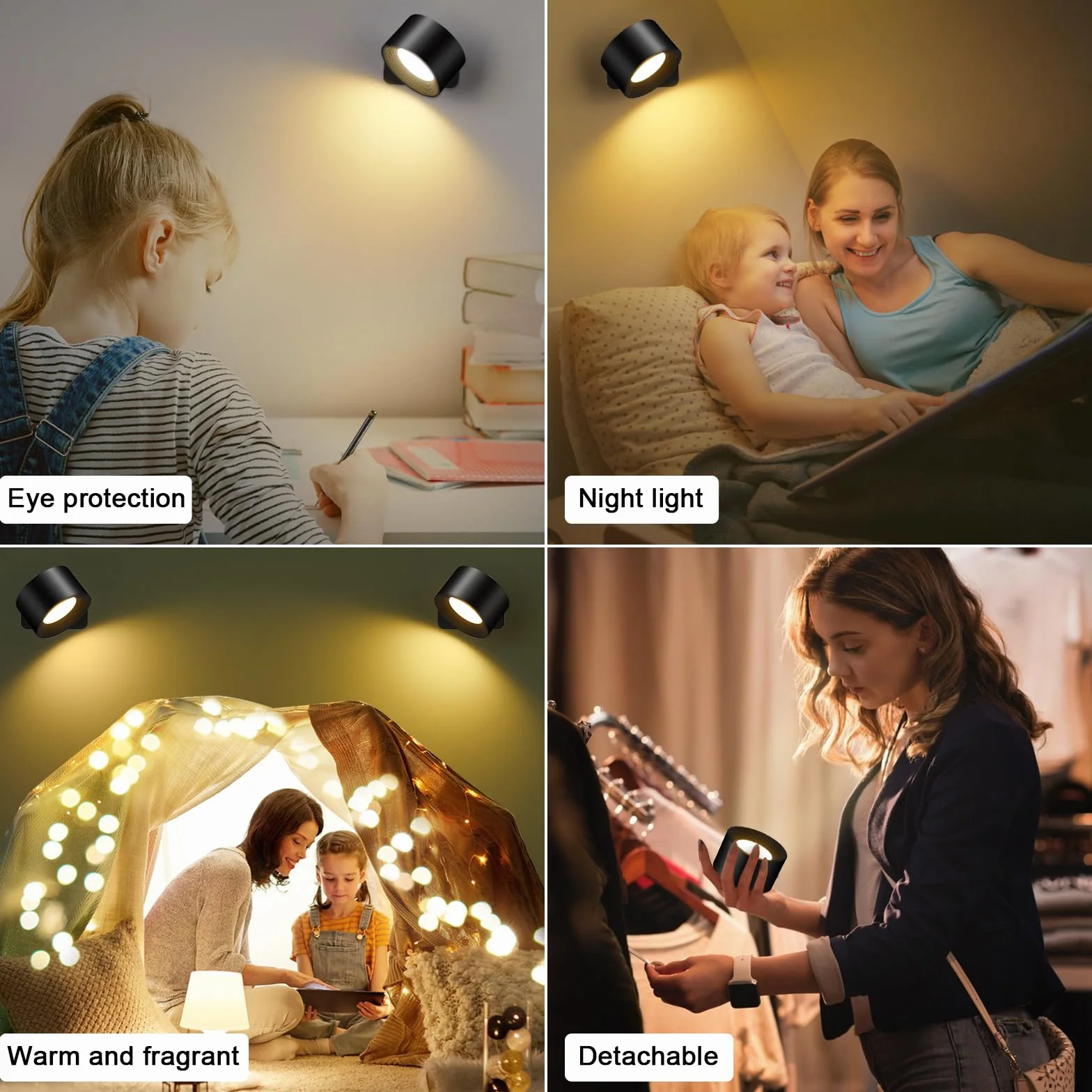 GuKKK Lampa ścienna RGB, zestaw 2 lamp ściennych LED, obrót o 360°, lampa ścienna z portem USB, sterowanie dotykowe, 16 poziomów jasności 3 temperatury (czarna)