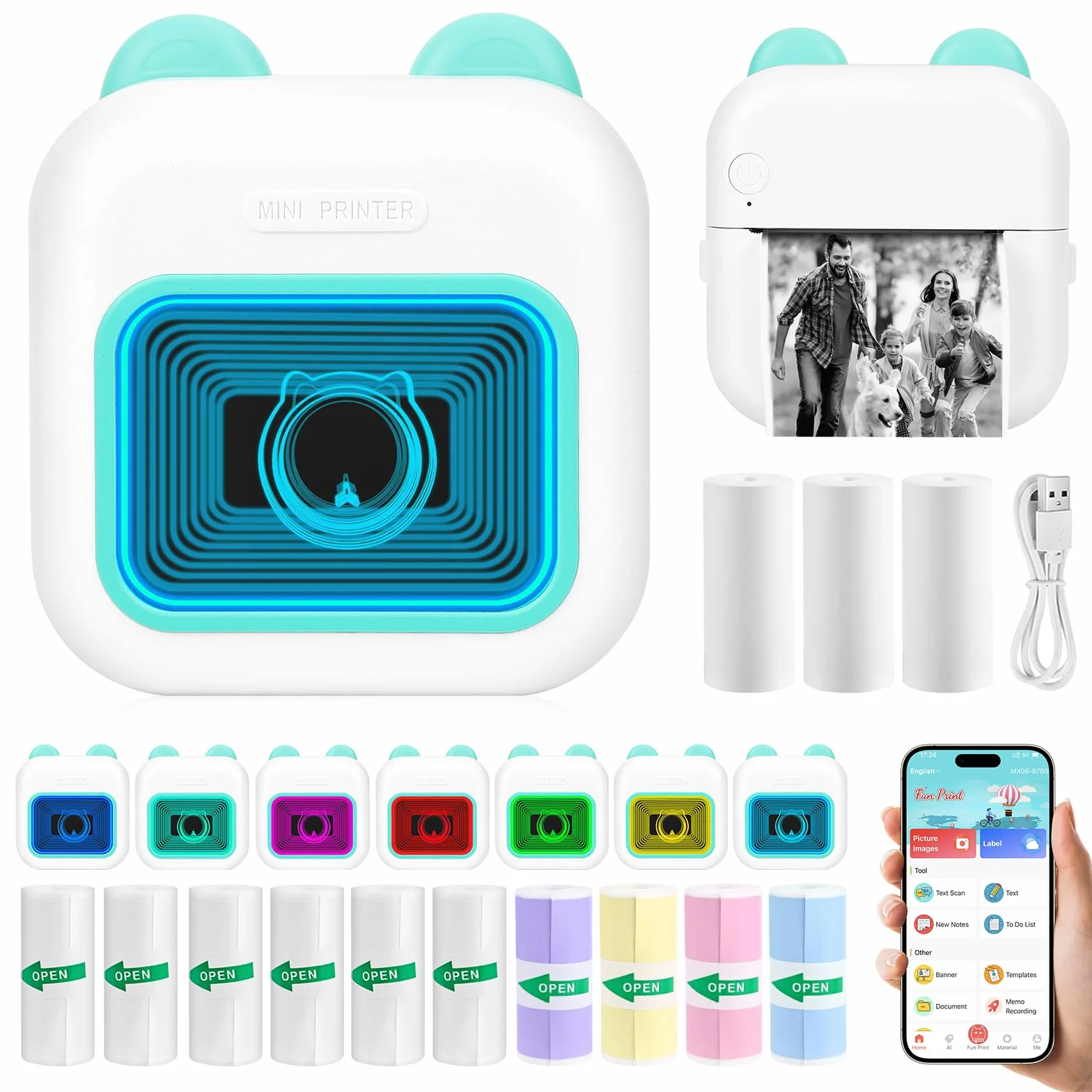 Mini drukarka, mobilna drukarka fotograficzna, przenośna mini drukarka fotograficzna z siedmioma kolorami LED i lustrami, bezprzewodowa drukarka termiczna z 13 rolkami papieru do drukarki,