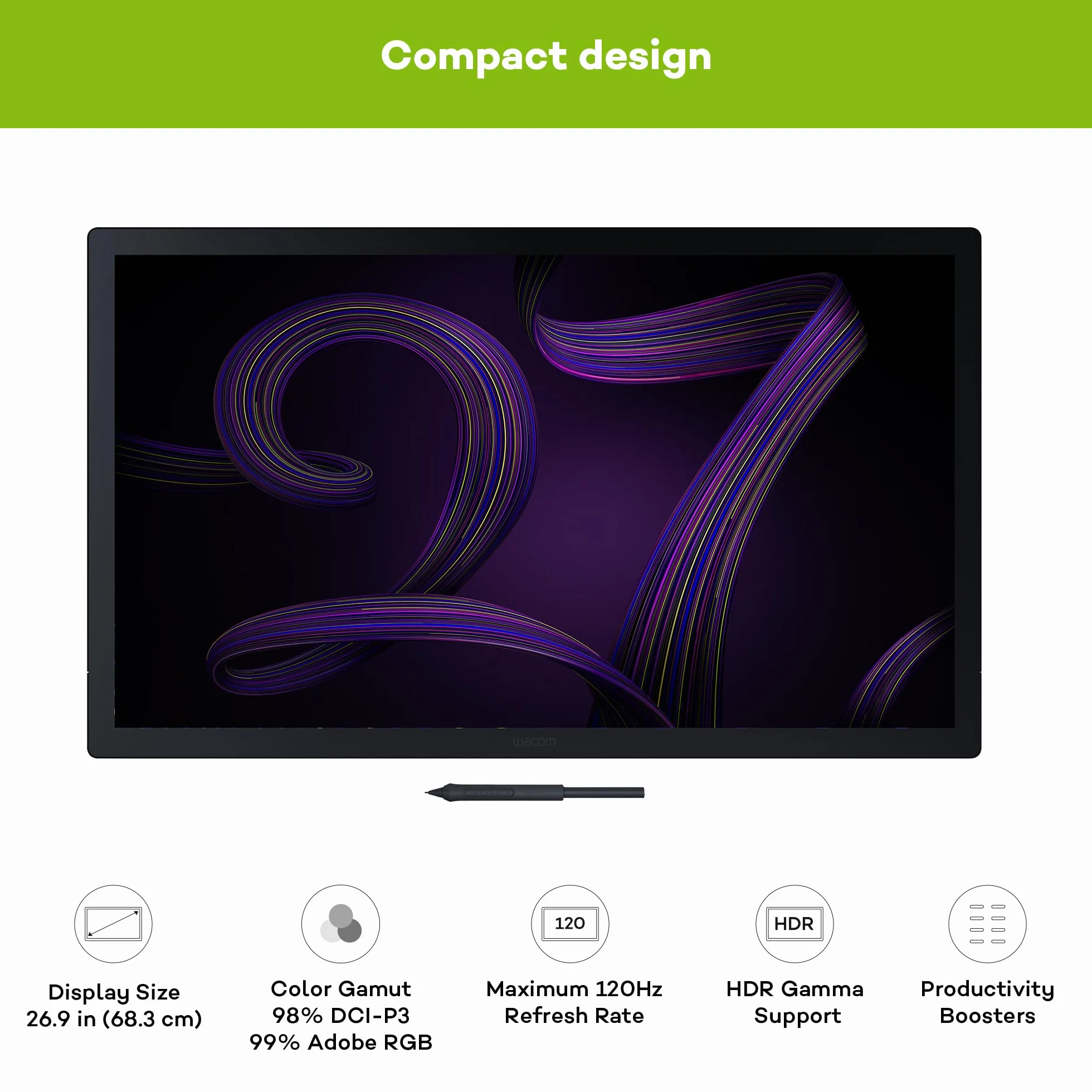 Wacom Tablet graficzny Cintiq Pro 27 (bez podsatwki) - 4K, wielodotykowy wyświetlacz 26,9 cala, HDR Gamma, certyfikat Pantone SkinToneTM Validated, 99% kolorów Adobe RGB pióro Wacom Pro Pen 3