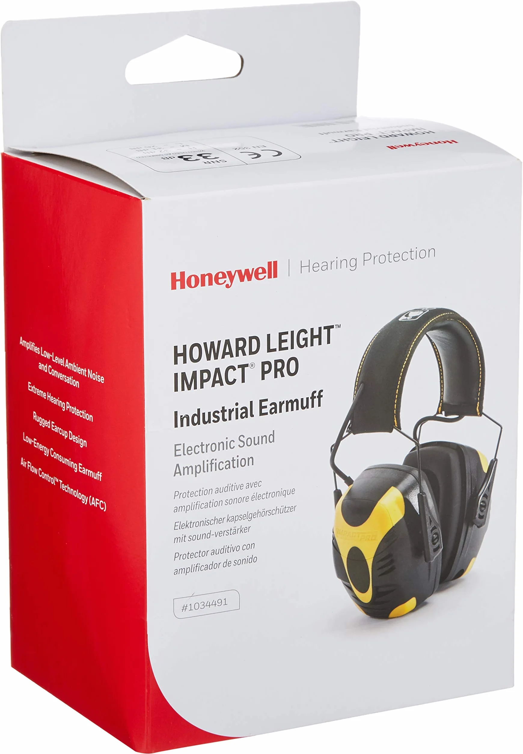 Honeywell 1034491 Howard Leight Impact Pro nauszniki przemysłowe z aktywną ochroną, kierunkowe mikrofony stereofoniczne, złącze audio jack, czarno-żółte, SNR 33 dB